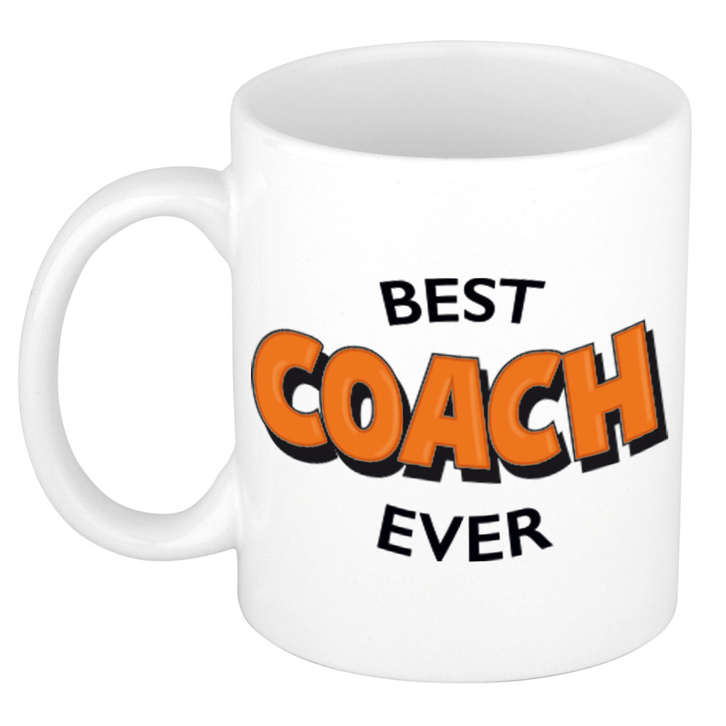 Best coach ever cadeau mok-beker wit met oranje cartoon letters 300 ml