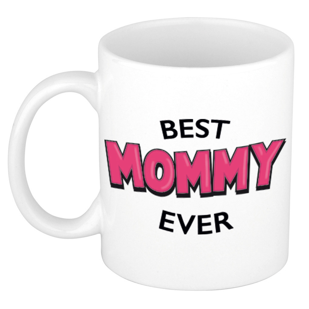 Best mommy ever cadeau mok-beker wit met roze cartoon letters 300 ml