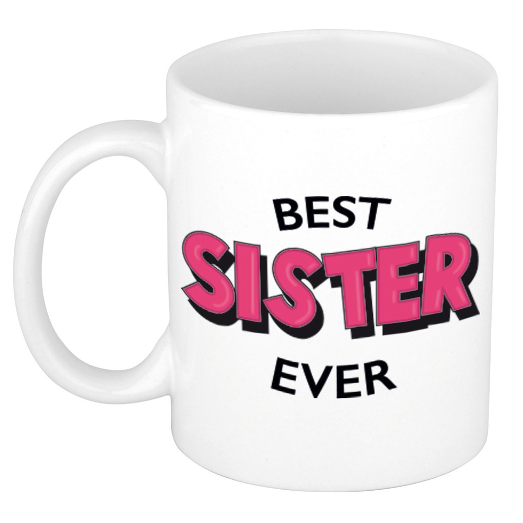 Best sister ever cadeau mok-beker wit met roze cartoon letters 300 ml