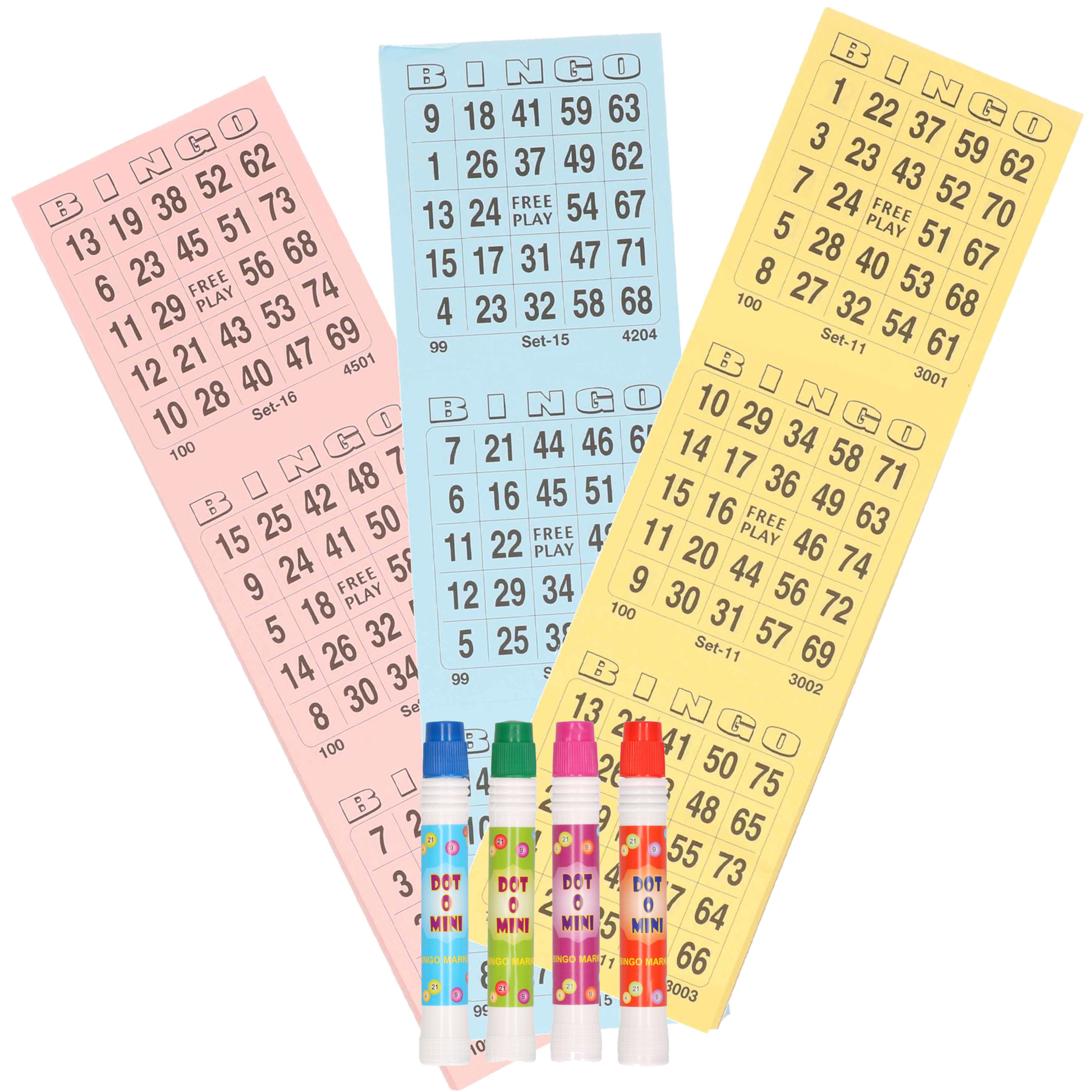 Bingo spel accessoires set nummers 1-75/150x bingokaarten/4x bingostiften