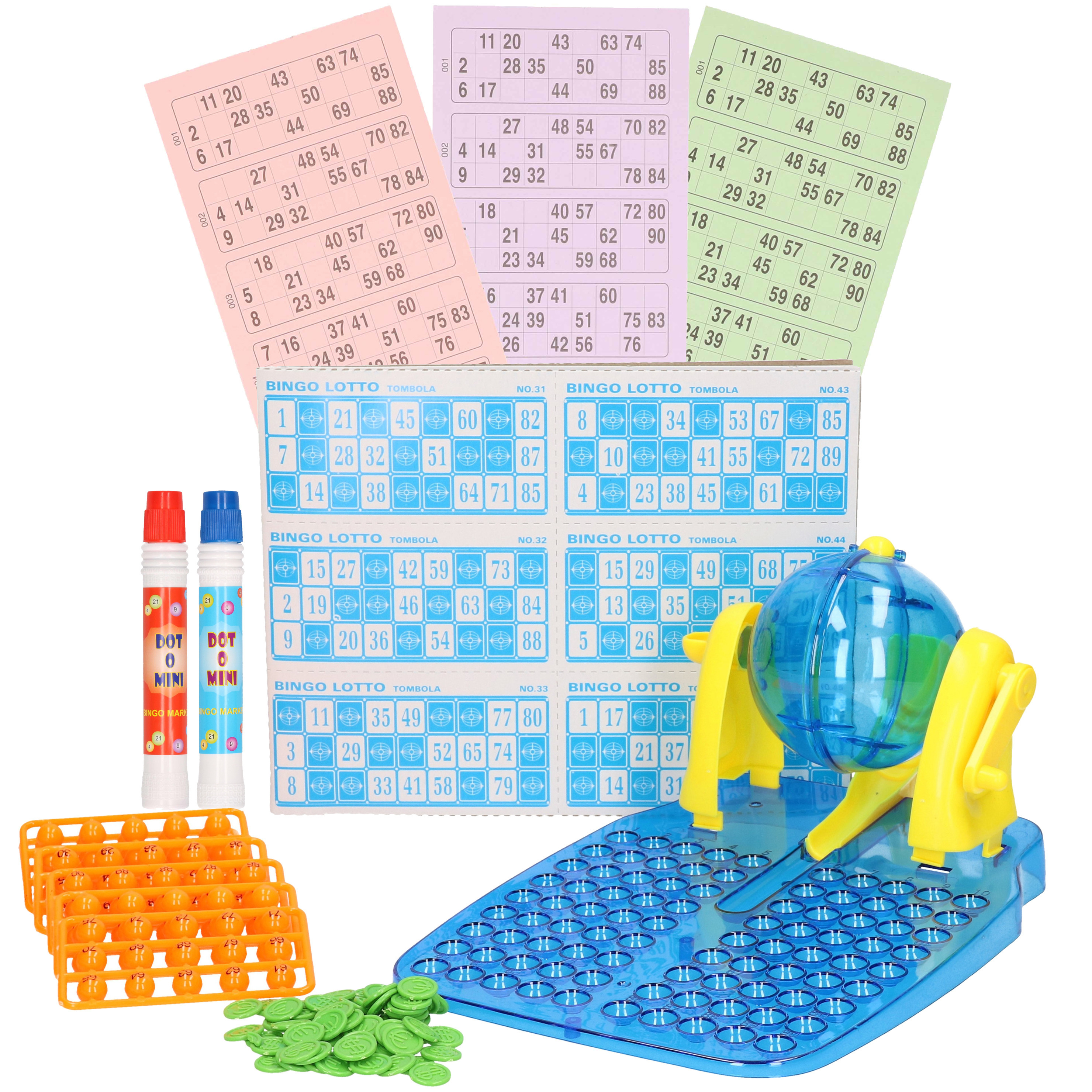Bingo spel blauw/geel complete set nummers 1-90 met molen/148x bingokaarten/2x stiften