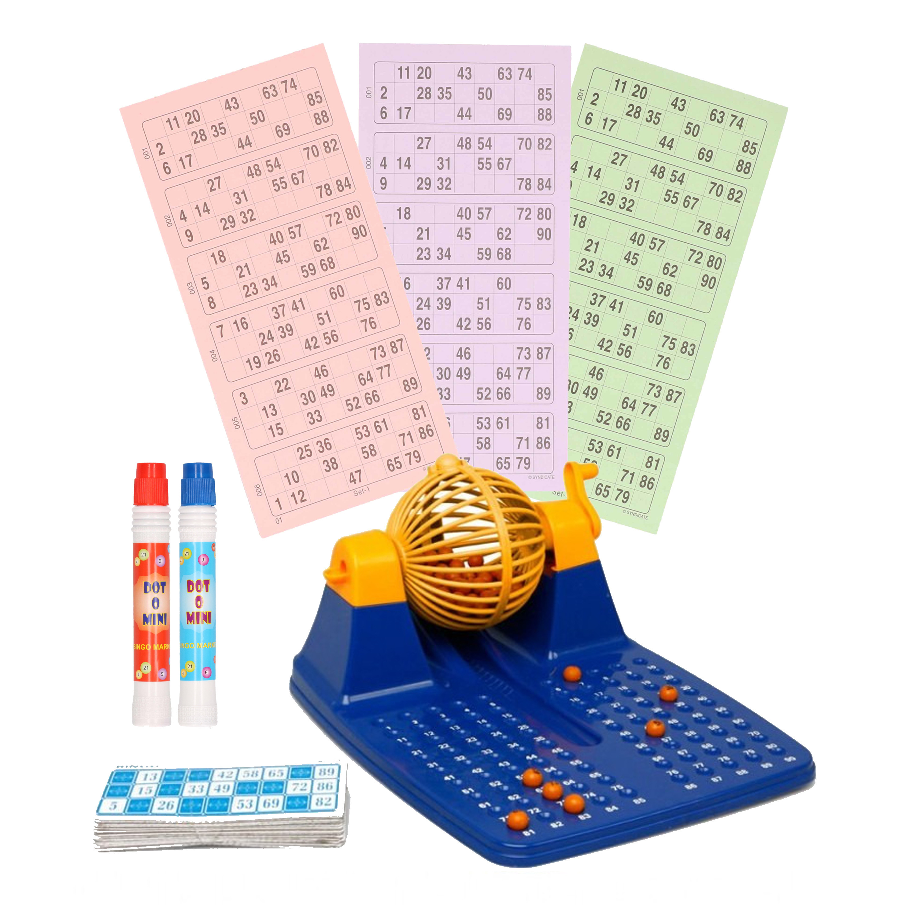Bingo spel blauw/geel/oranje complete set nummers 1-90 met molen/148x bingokaarten/2x stiften