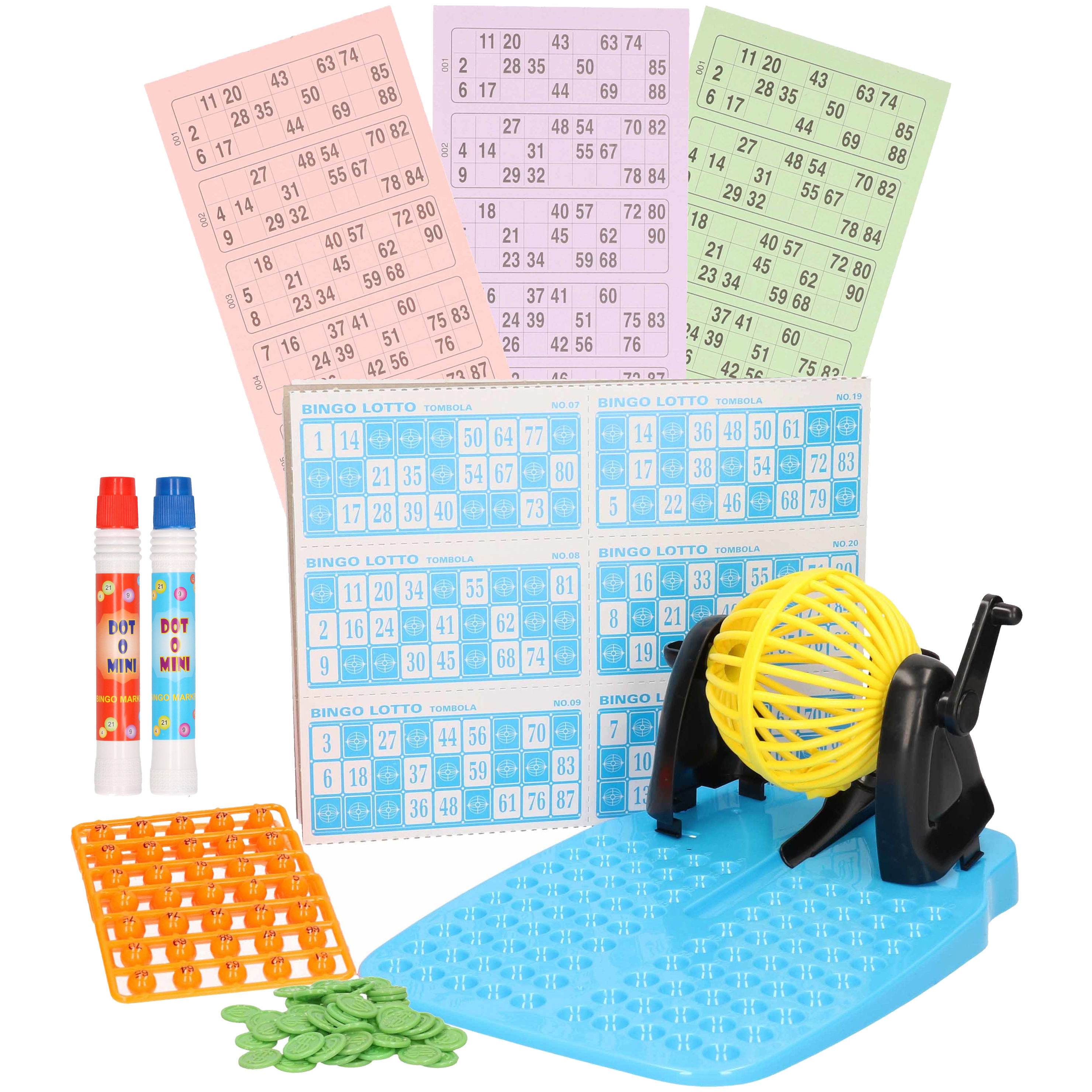Bingo spel gekleurd/geel complete set nummers 1-90 met molen/148x bingokaarten/2x stiften