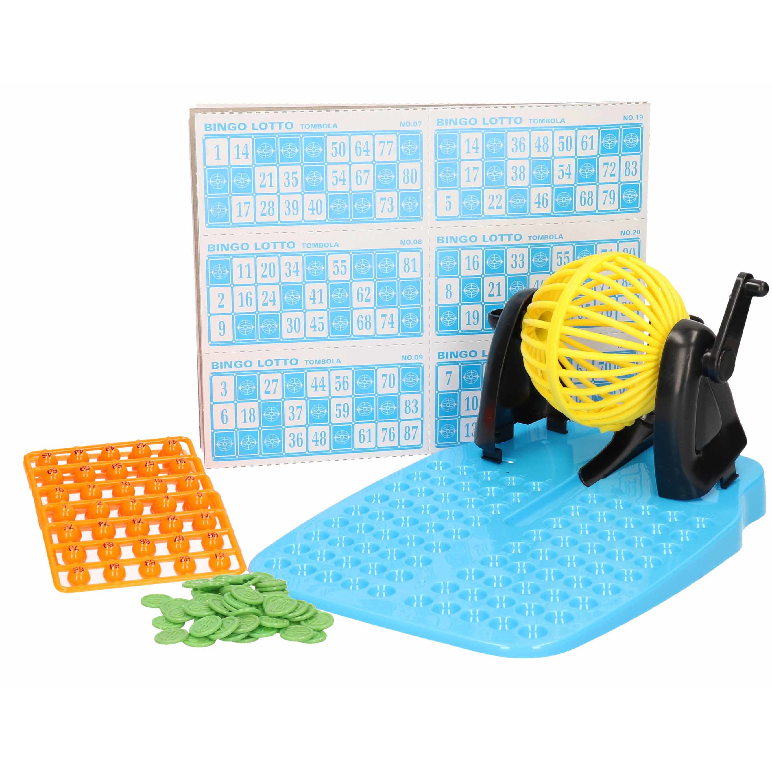Bingo spel gekleurd/geel complete set nummers 1-90 met molen en bingokaarten