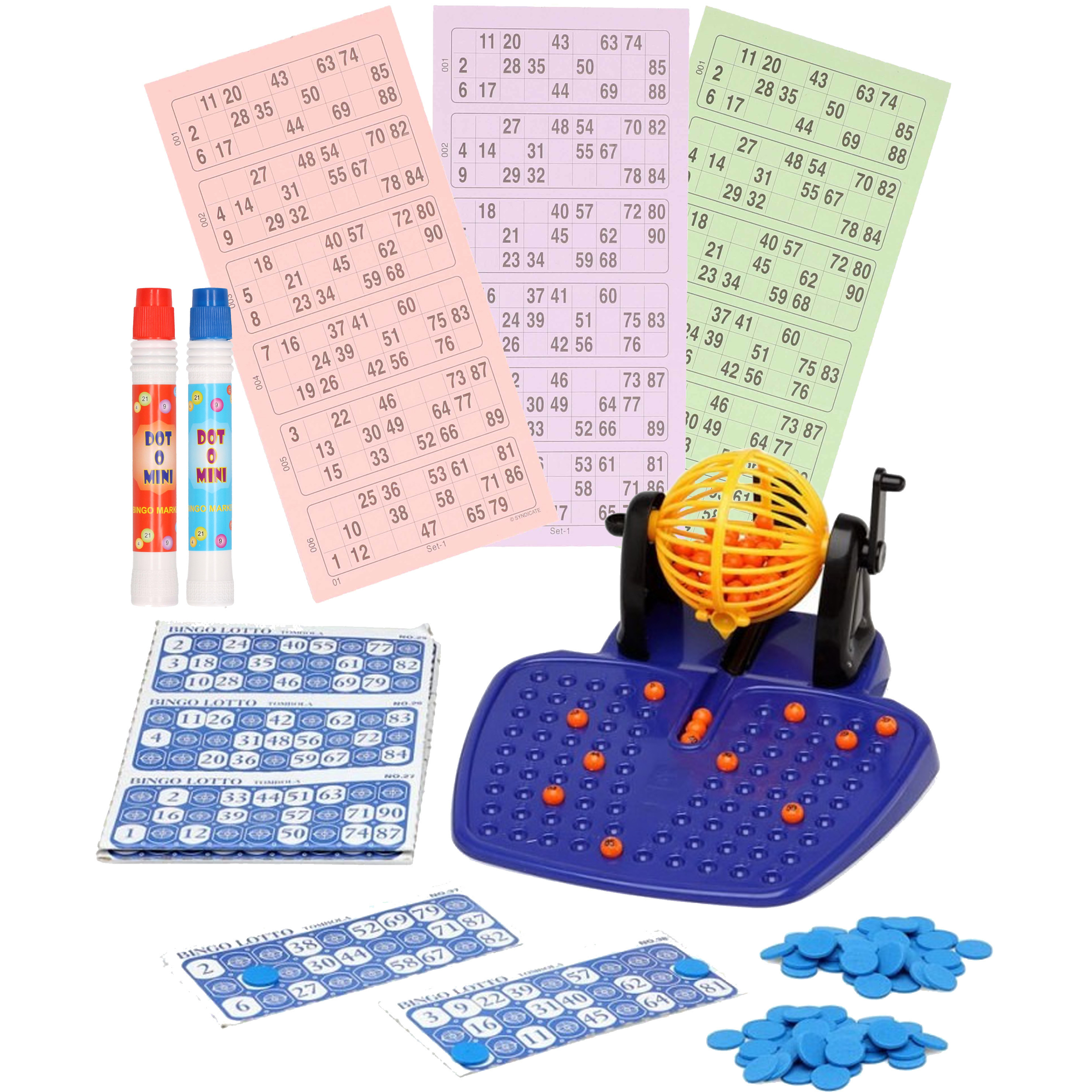 Bingo spel gekleurd-oranje complete set nummers 1-90 met molen-148x bingokaarten-2x stiften