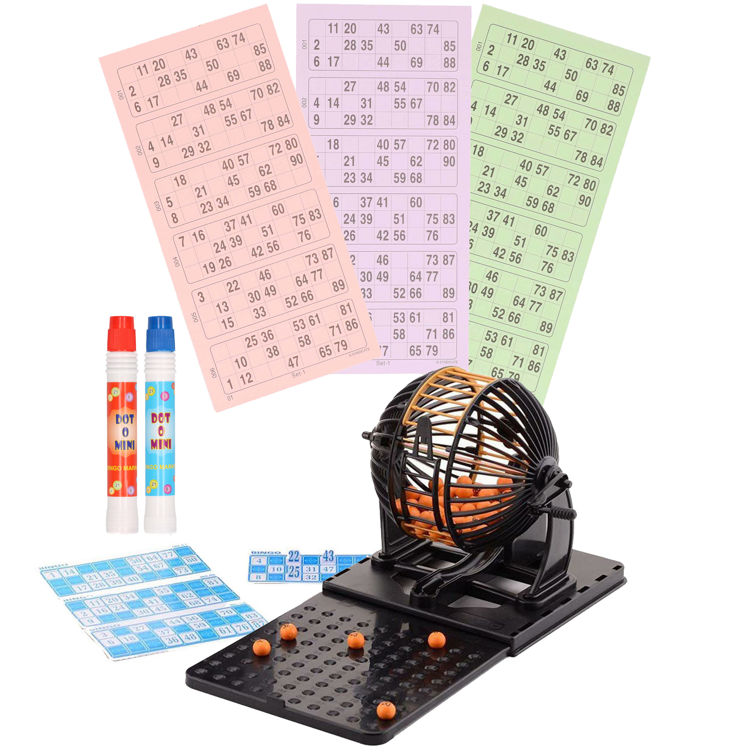 Bingo spel zwart/oranje complete set nummers 1-90 met molen/148x bingokaarten/2x stiften