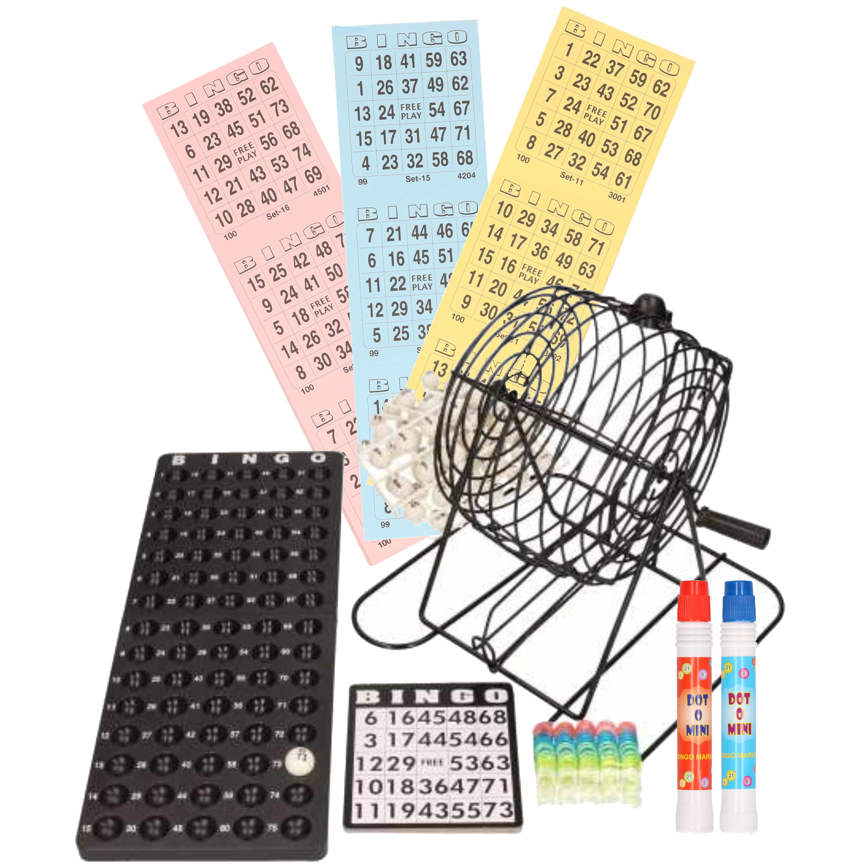 Bingo spel zwart/wit complete set 29 cm nummers 1-75 met molen/168x bingokaarten/2x stiften