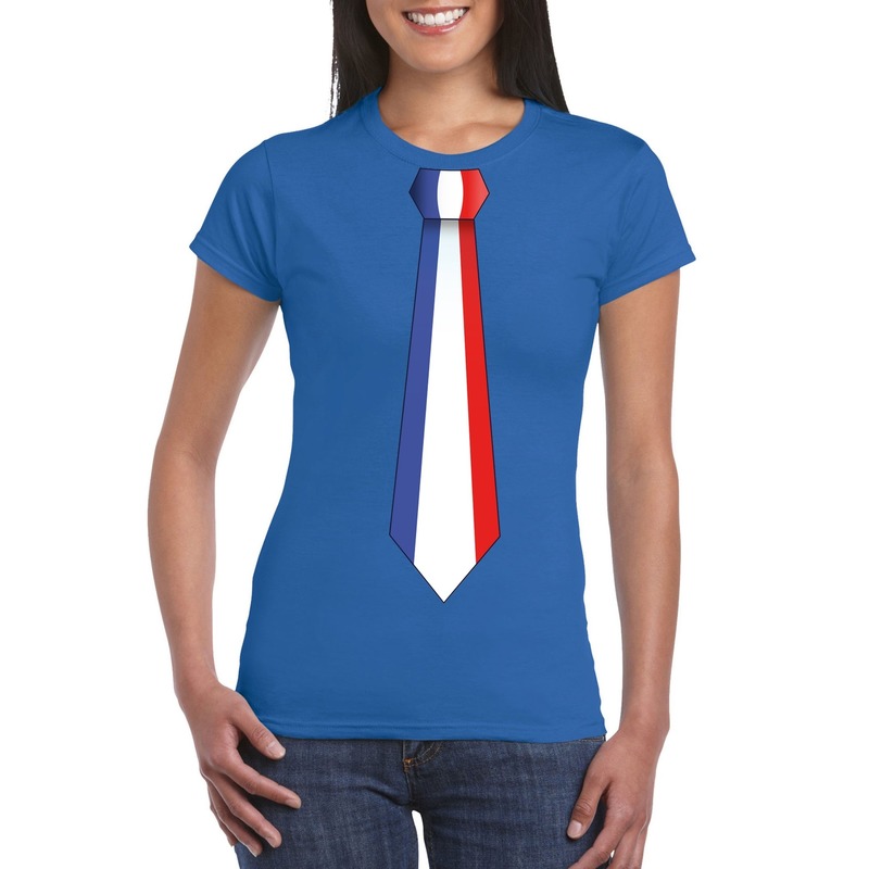 Blauw t-shirt met Frankrijk vlag stropdas dames