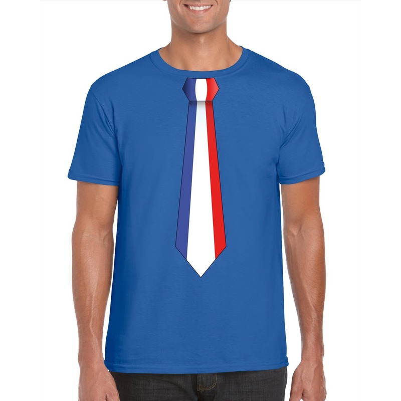 Blauw t-shirt met Frankrijk vlag stropdas heren