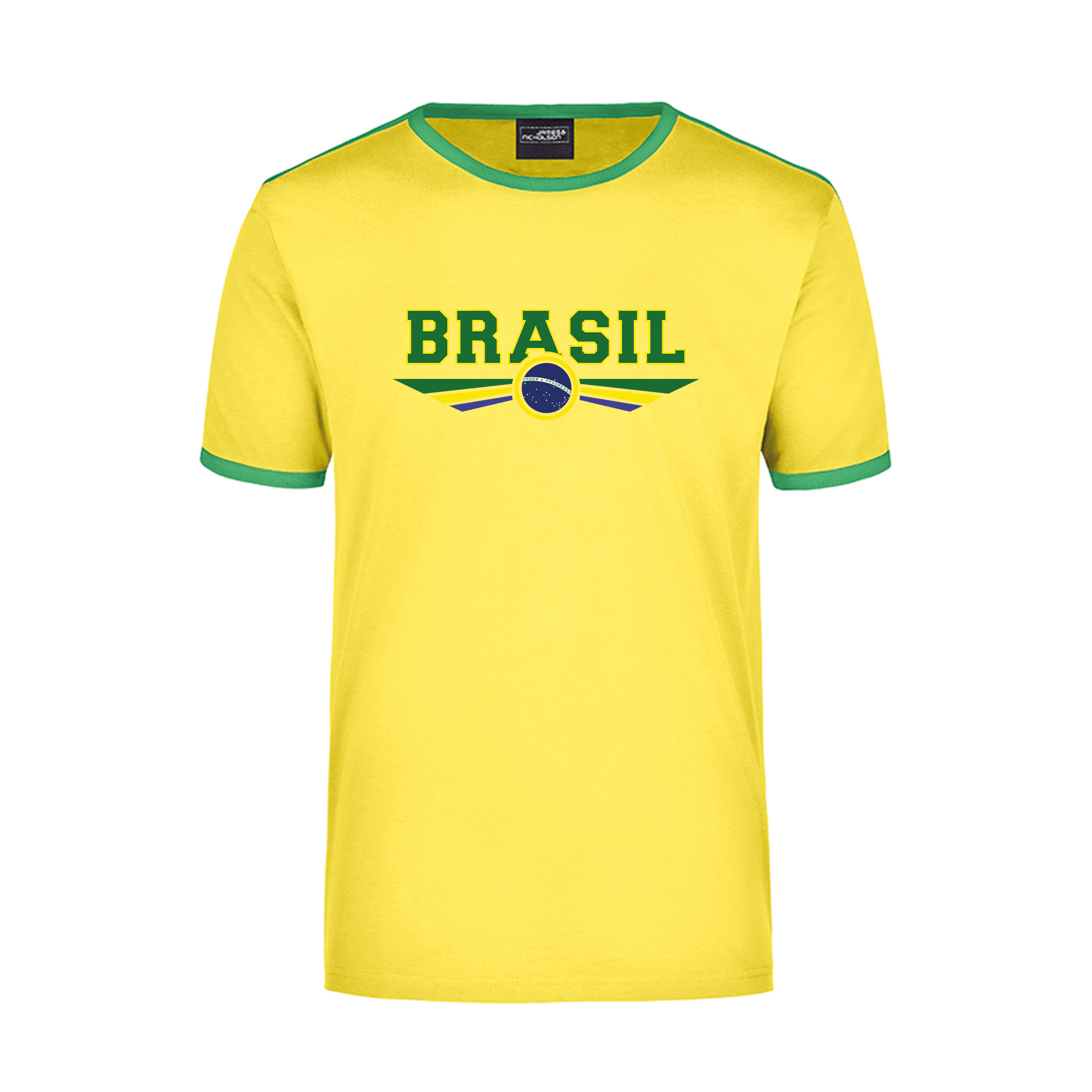 Brasil geel - groen ringer landen t-shirt logo met vlag Brazilie voor heren