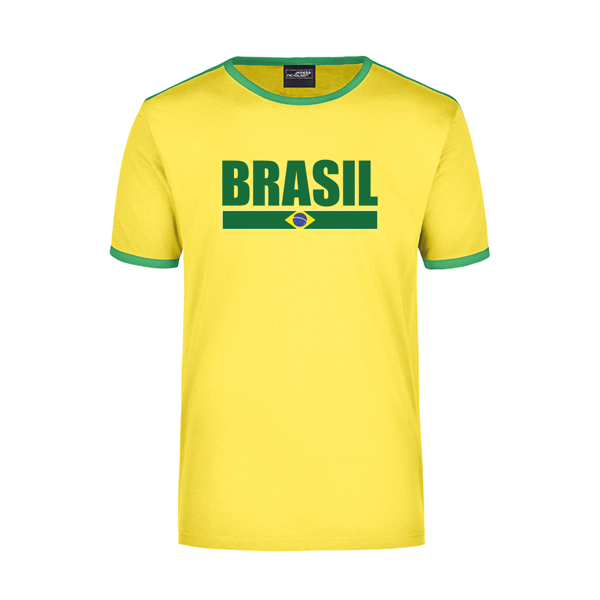 Brasil supporter geel - groen ringer t-shirt Brazilie met vlag voor heren