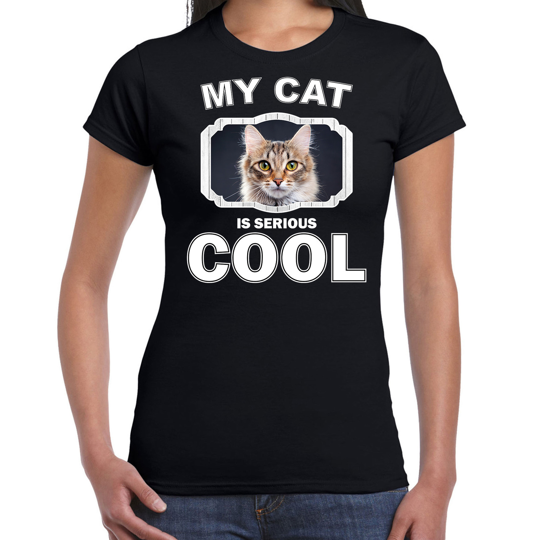Bruine kat katten-poezen t-shirt my cat is serious cool zwart voor dames