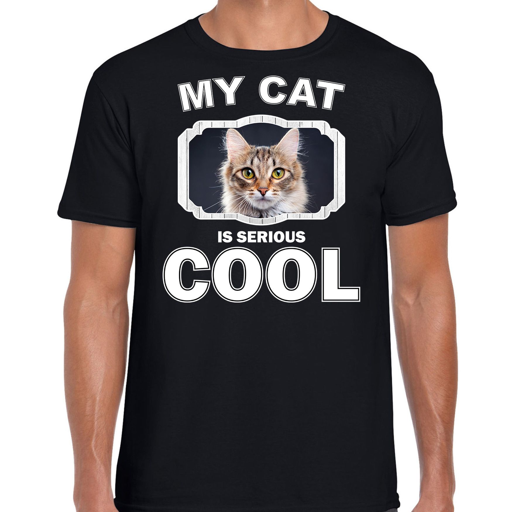 Bruine kat katten-poezen t-shirt my cat is serious cool zwart voor heren