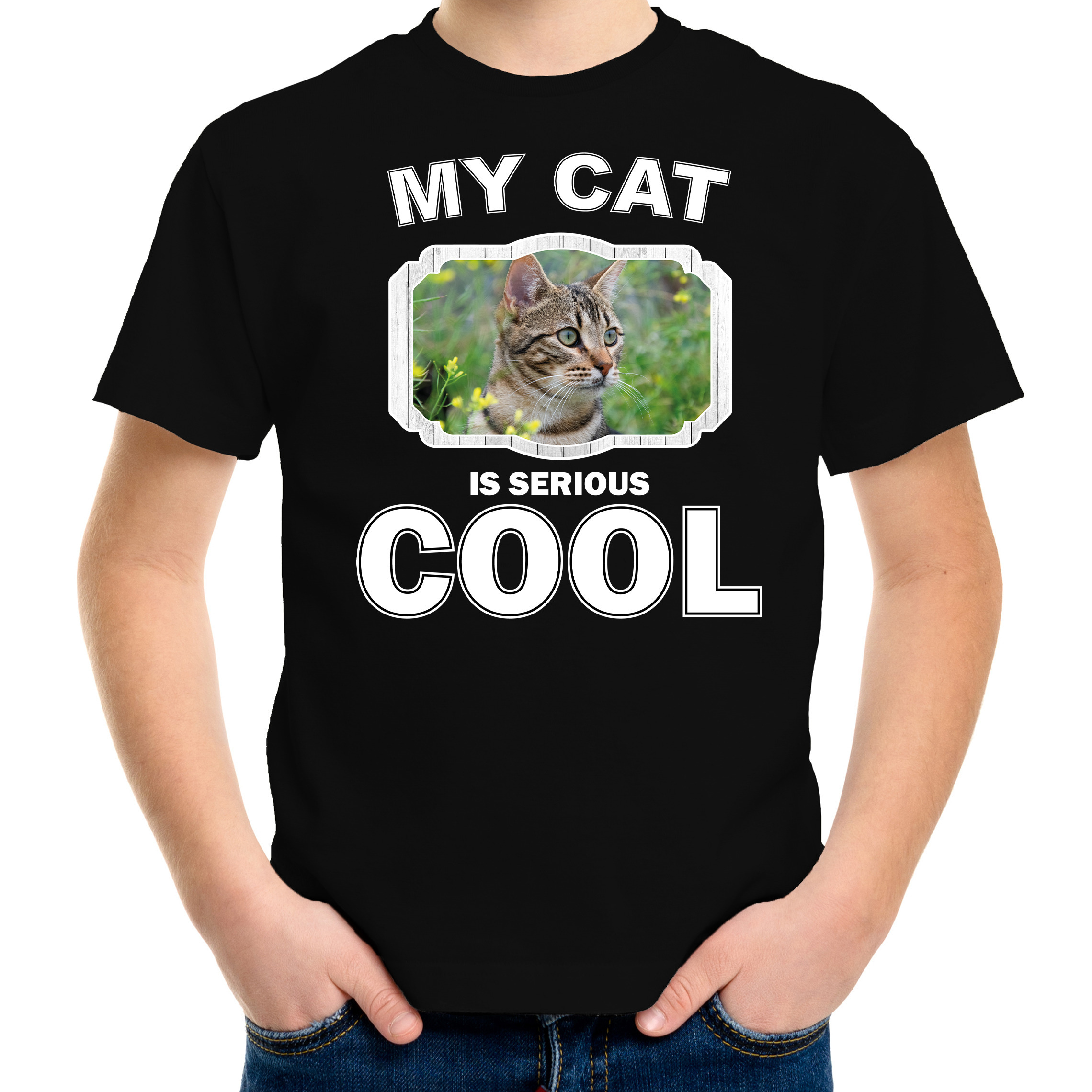 Bruine kat katten-poezen t-shirt my cat is serious cool zwart voor kinderen