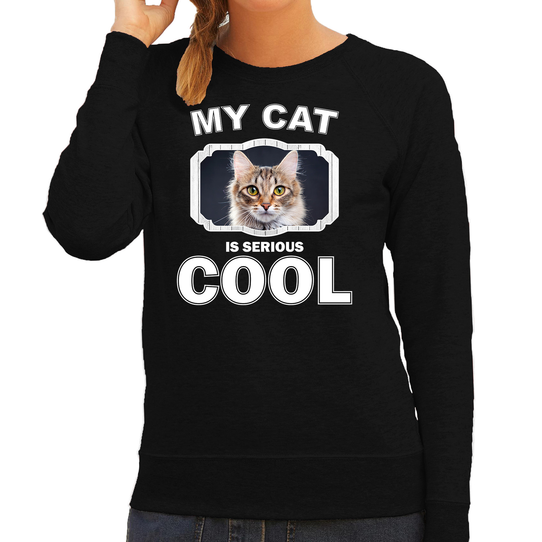 Bruine kat katten sweater-trui my cat is serious cool zwart voor dames