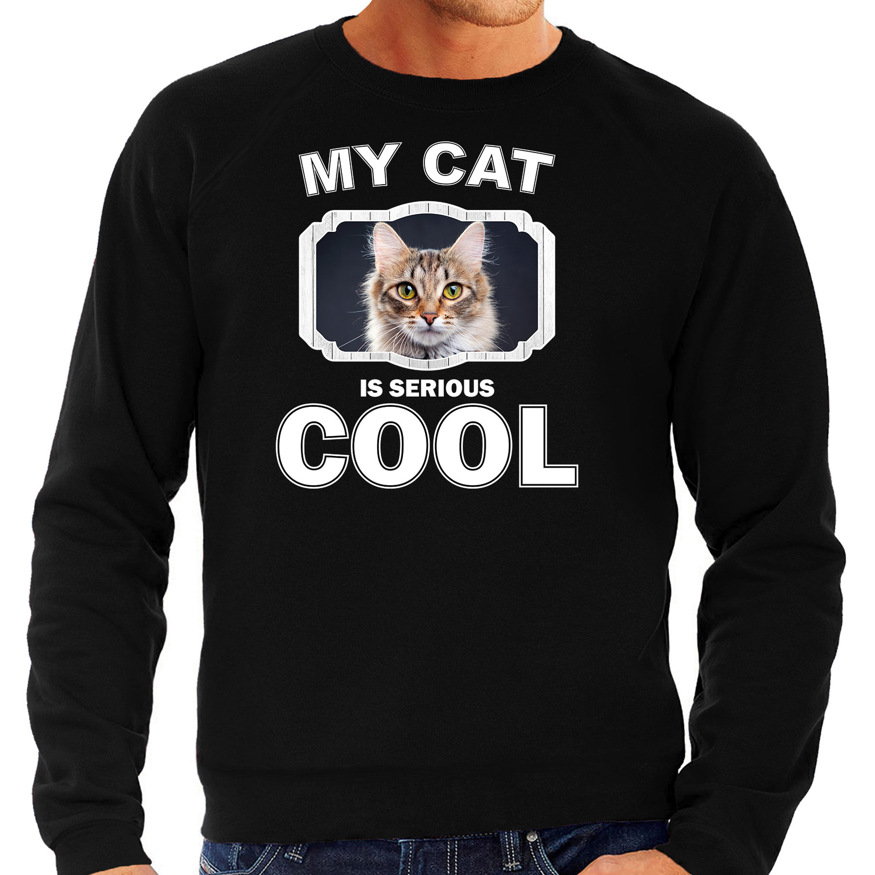 Bruine kat katten sweater-trui my cat is serious cool zwart voor heren