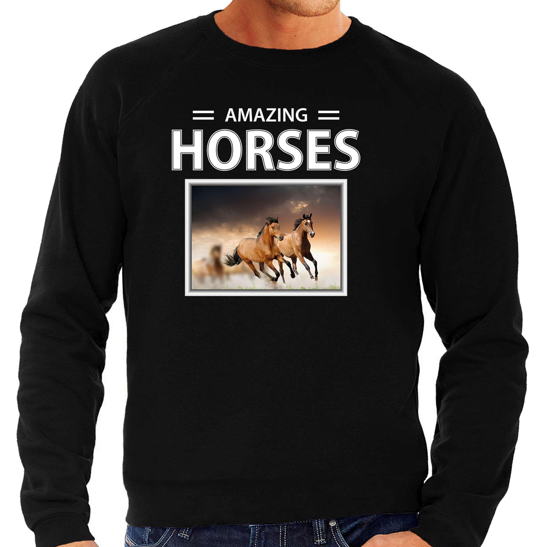 Bruine paarden sweater - trui met dieren foto amazing horses zwart voor heren