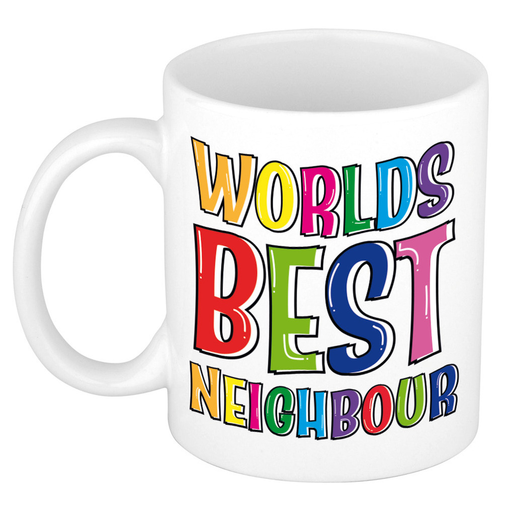 Cadeau mok-beker Worlds Best Neighbour regenboog 300 ml voor buurman-vrouw
