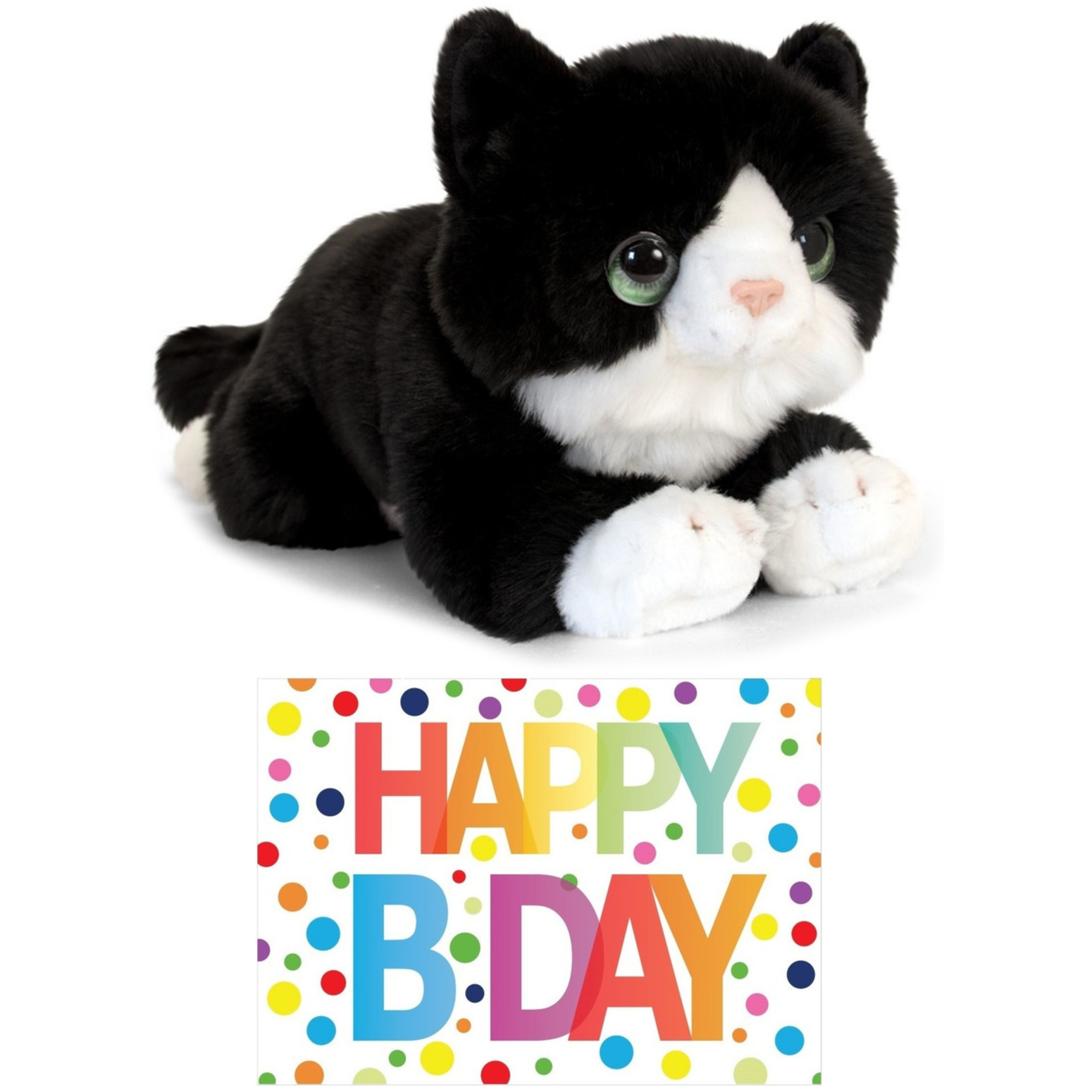 Cadeau setje pluche zwart/witte kat/poes knuffel 32 cm met Happy Birthday wenskaart