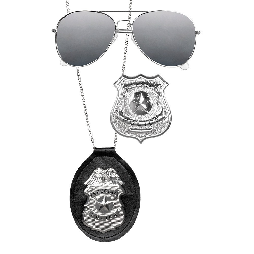Carnaval-verkleed accessoires Politie ketting met badge-zonnebril zwart-zilver kunststof