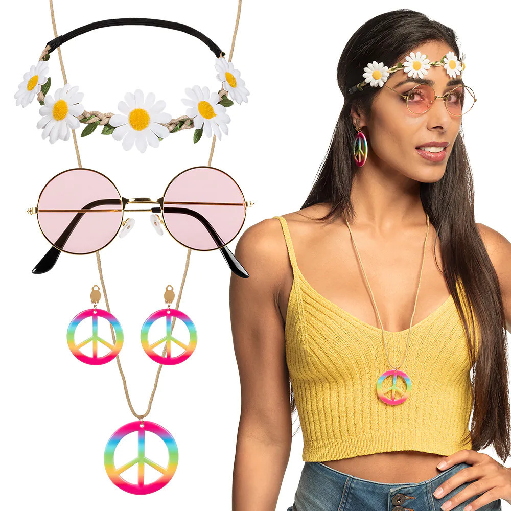 Carnaval verkleed set Hippie zonnebril-ketting-oorbellen-hoofband dames