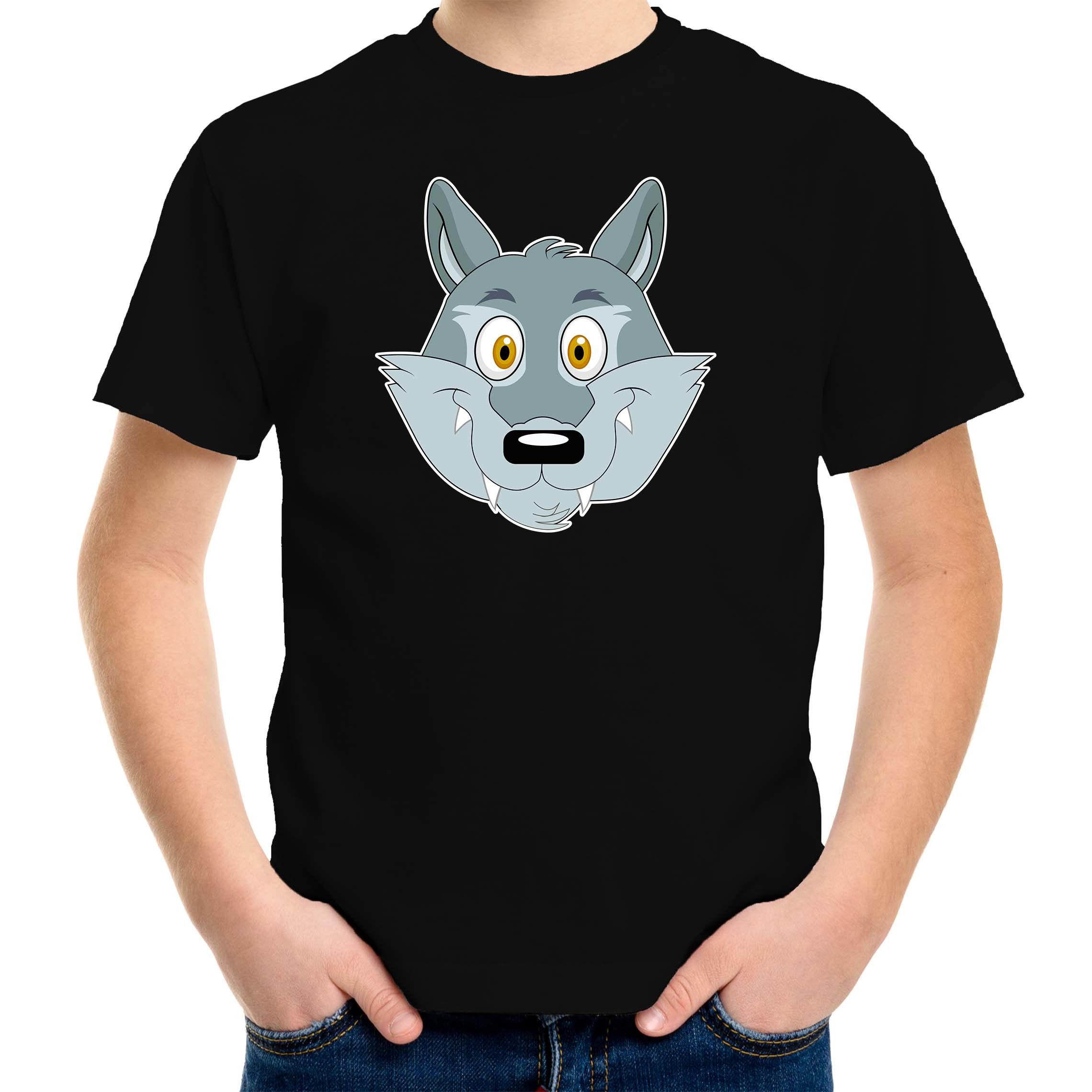 Cartoon wolf t-shirt zwart voor jongens en meisjes - Cartoon dieren t-shirts kinderen