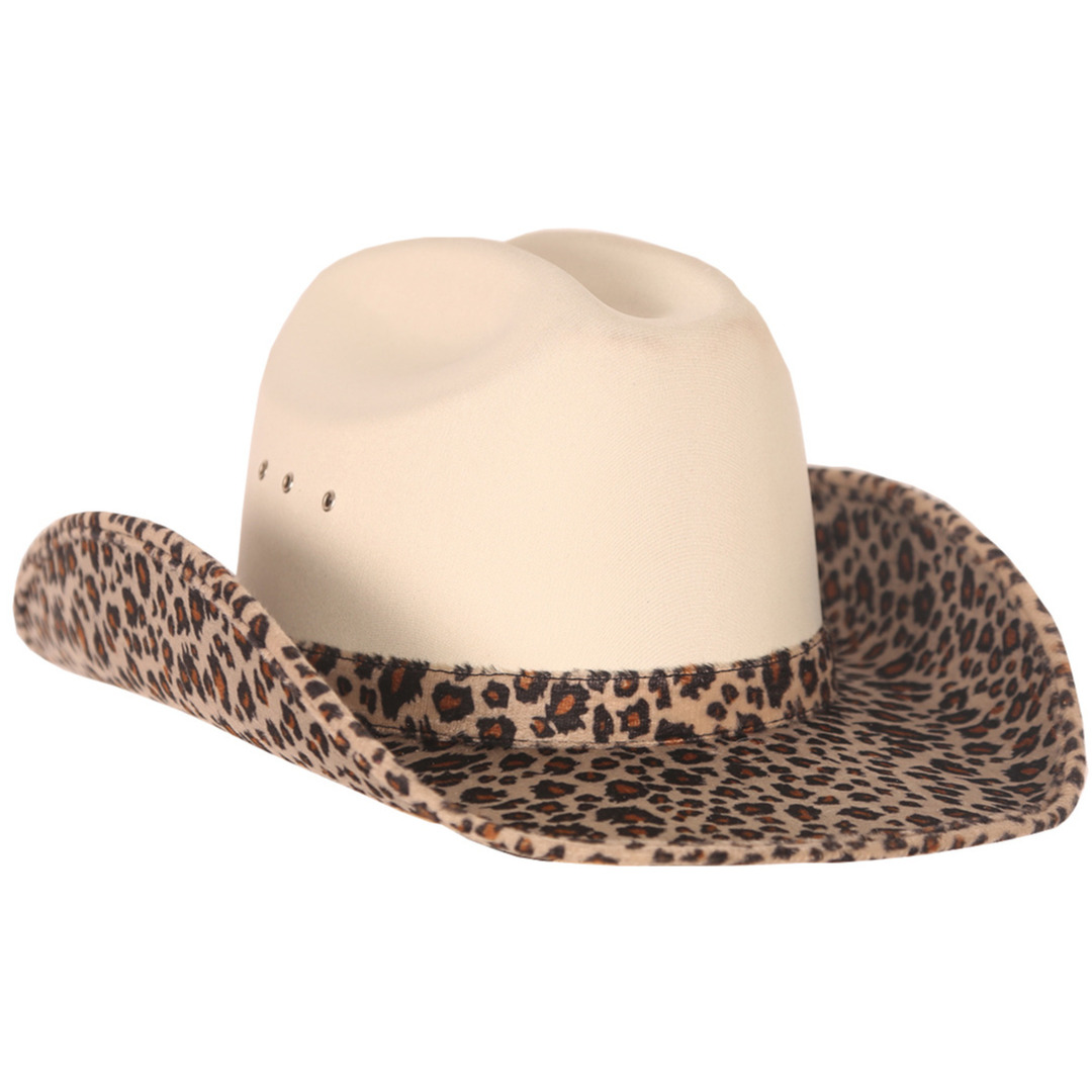 Cowboy-western verkleed hoed beige -luipaard look voor volwassenen