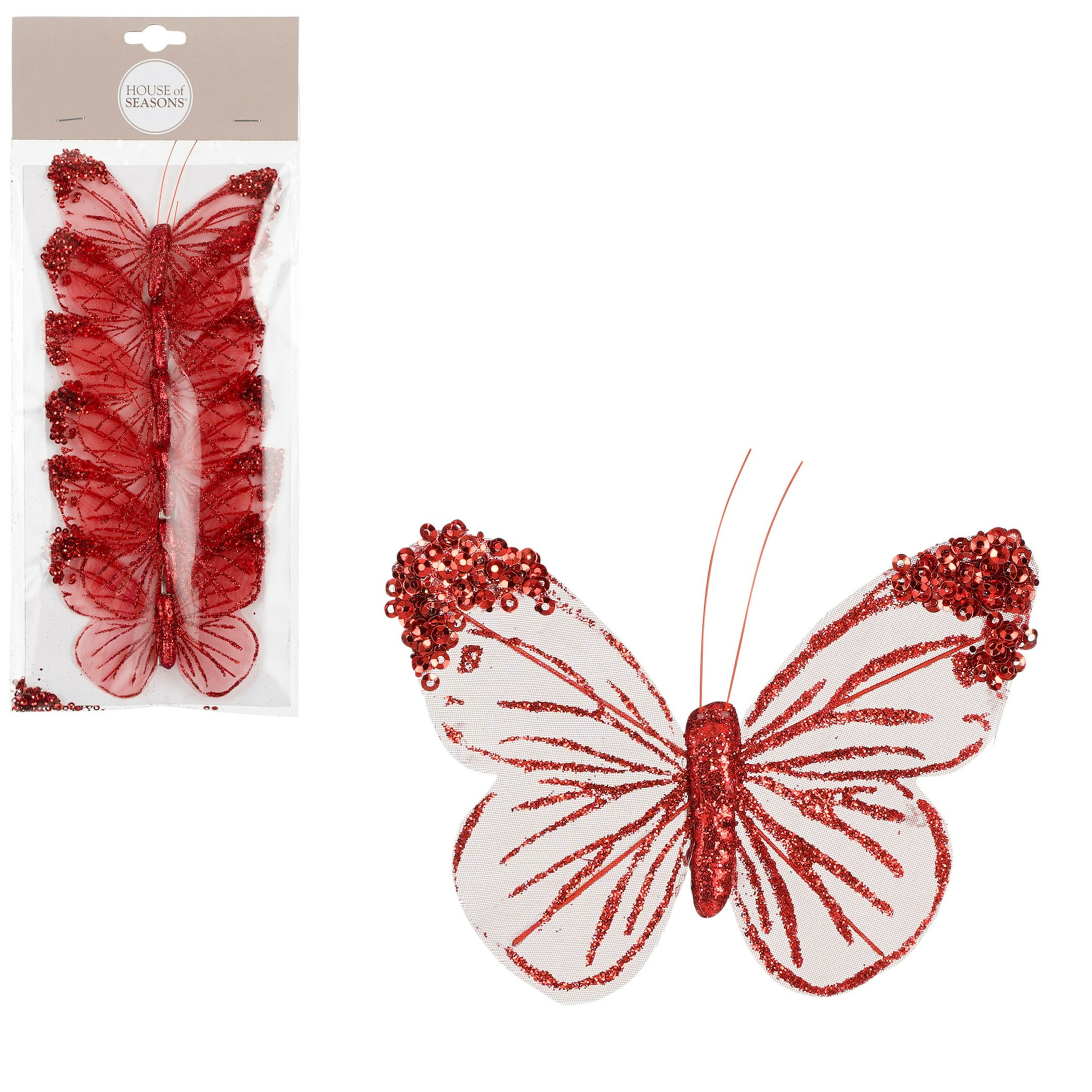 Decoratie vlinders op clip 6x stuks rood-wit 10 cm organza