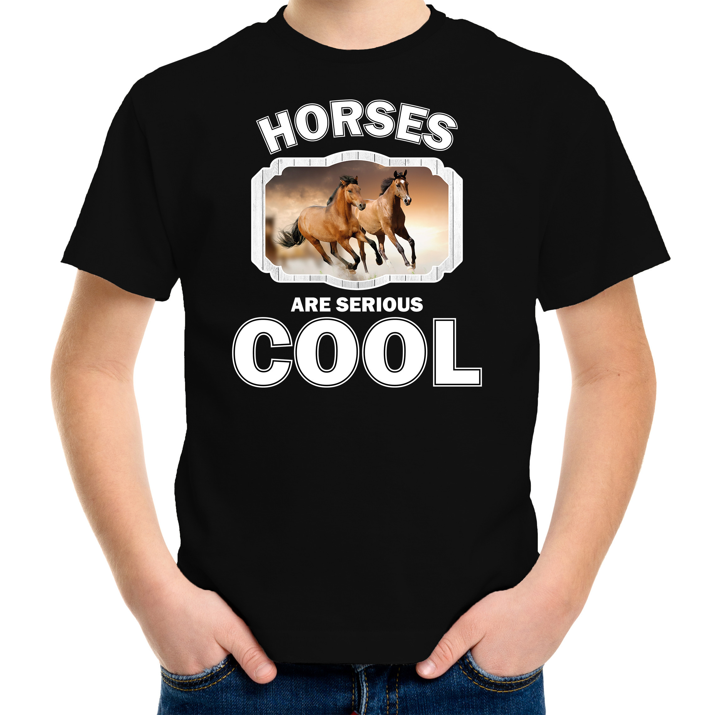 Dieren bruin paard t-shirt zwart kinderen - horses are cool shirt jongens en meisjes