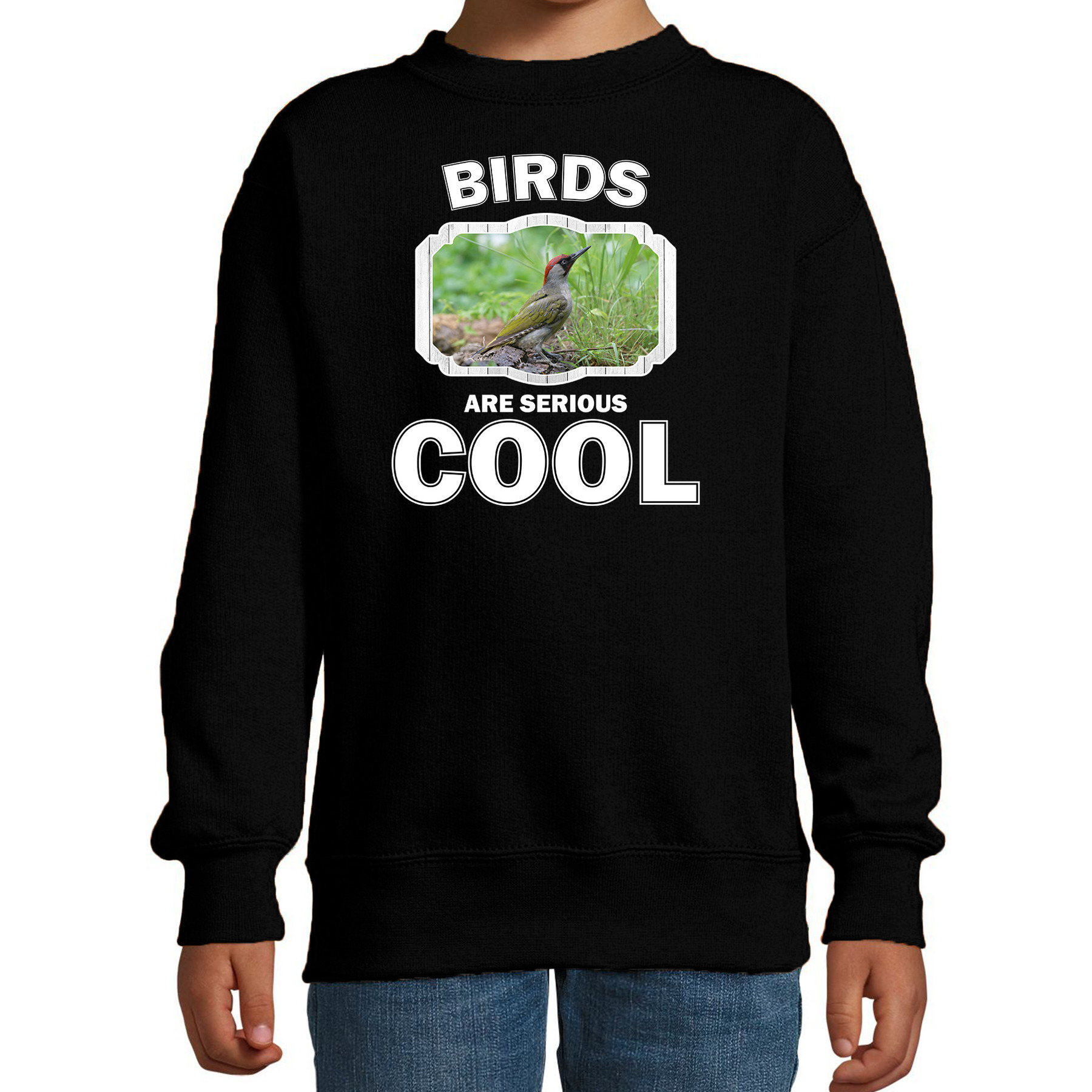 Dieren groene specht sweater zwart kinderen - birds are cool trui jongens en meisjes
