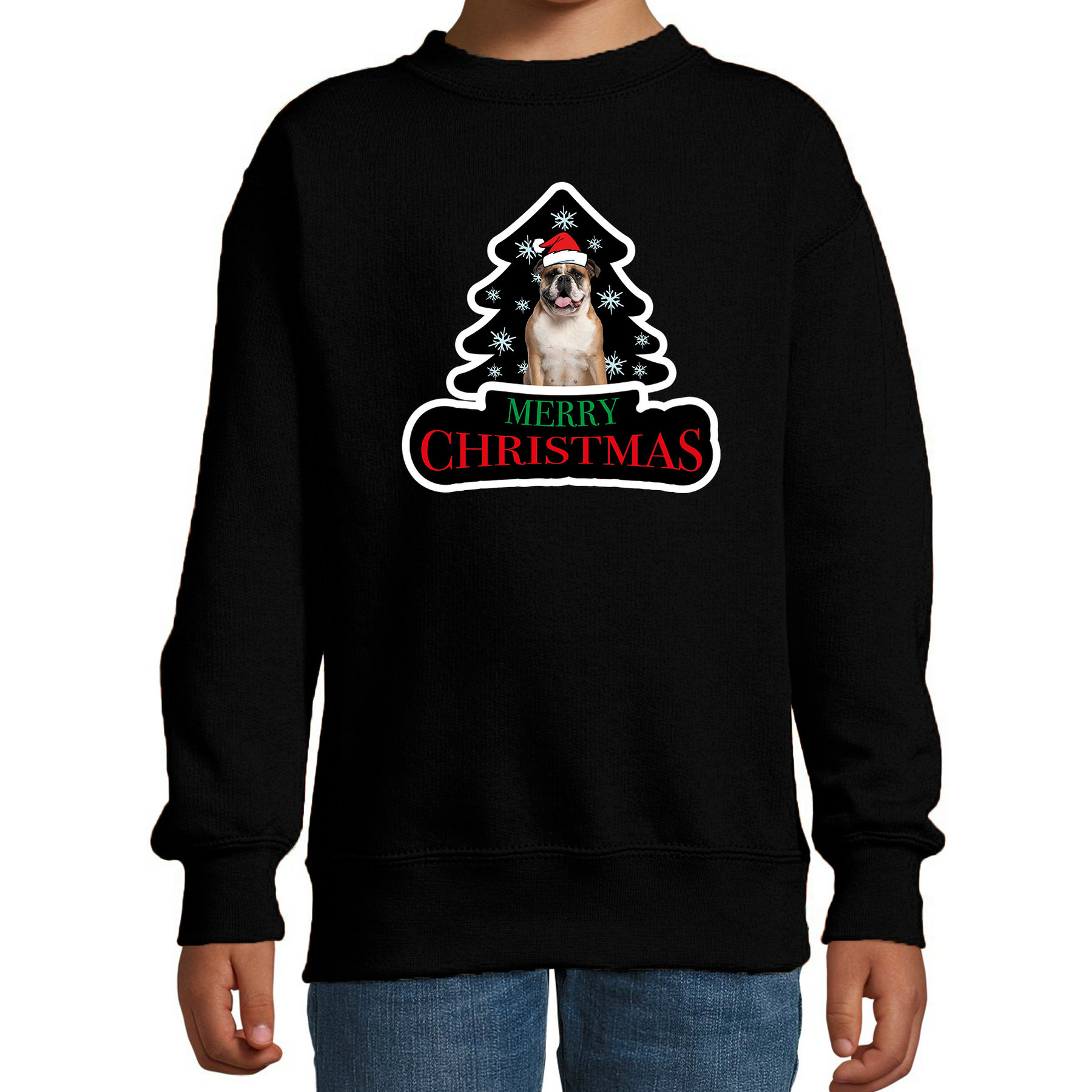 Dieren kersttrui britse bulldog zwart kinderen - Foute honden kerstsweater