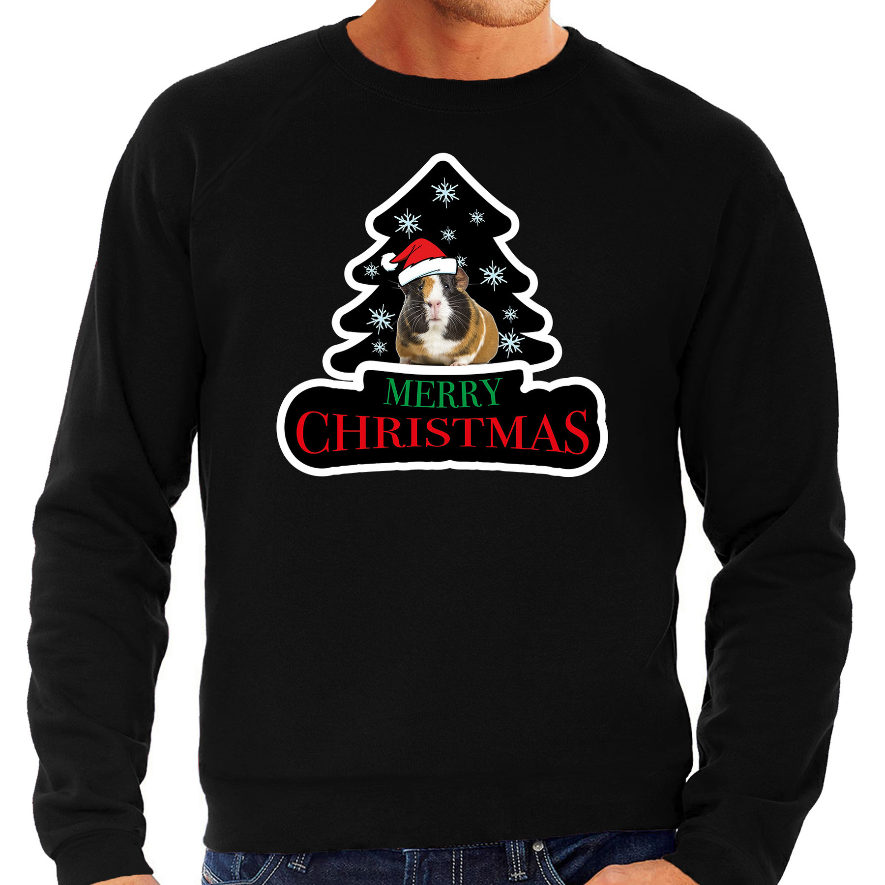 Dieren kersttrui cavia zwart heren Foute Cavia knaagdieren kerstsweater