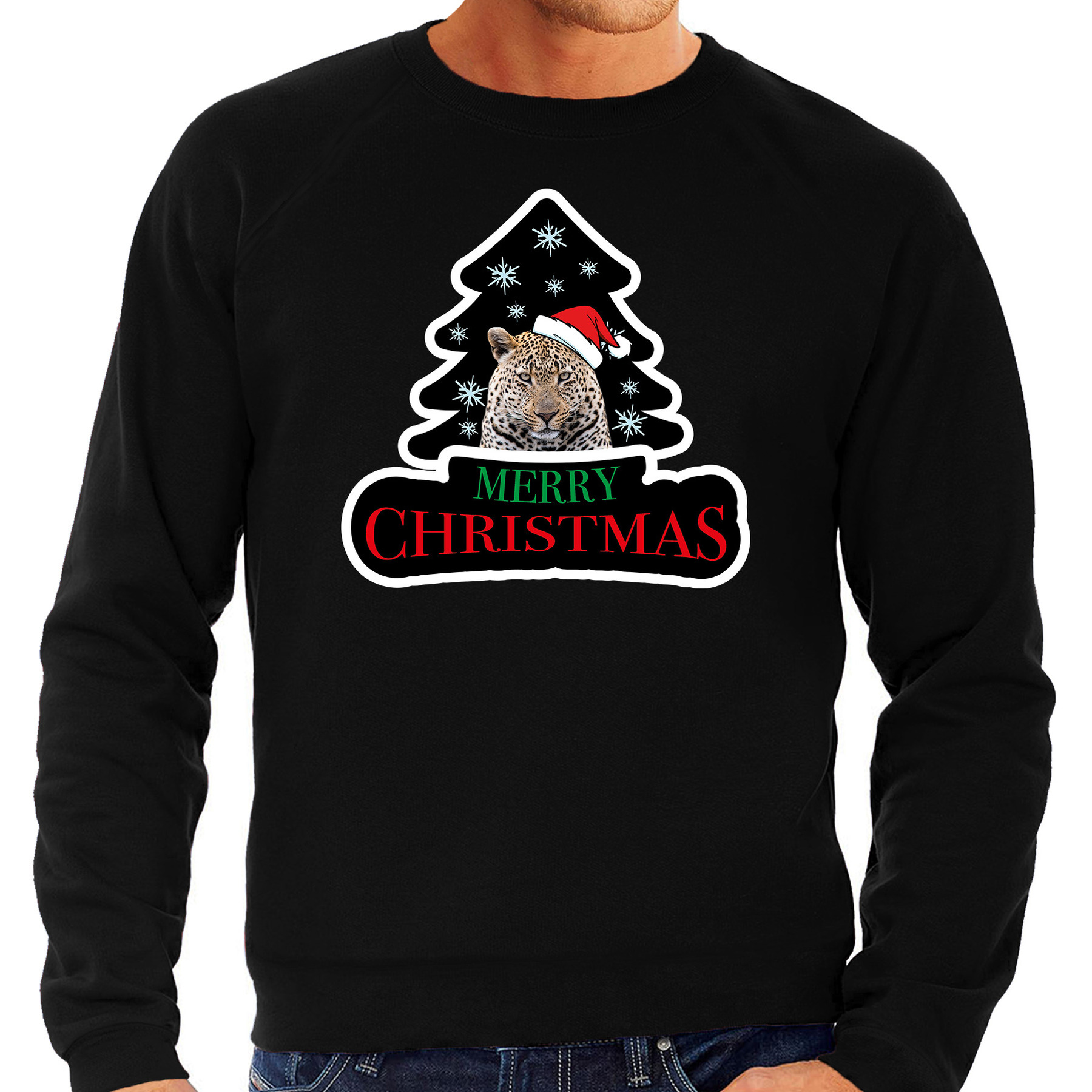 Dieren kersttrui luipaard zwart heren Foute luipaarden kerstsweater