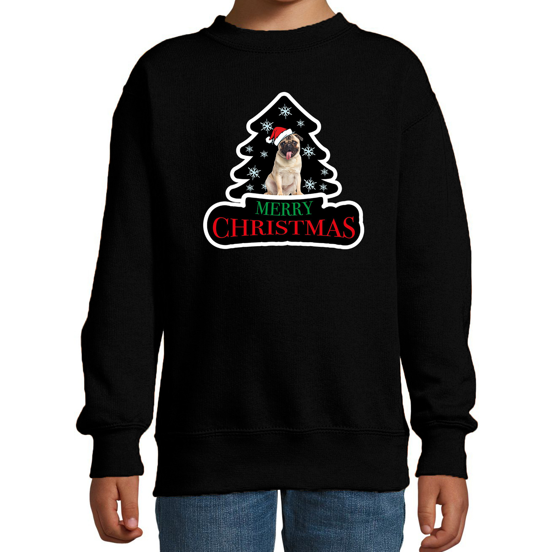 Dieren kersttrui mopshond zwart kinderen - Foute honden kerstsweater