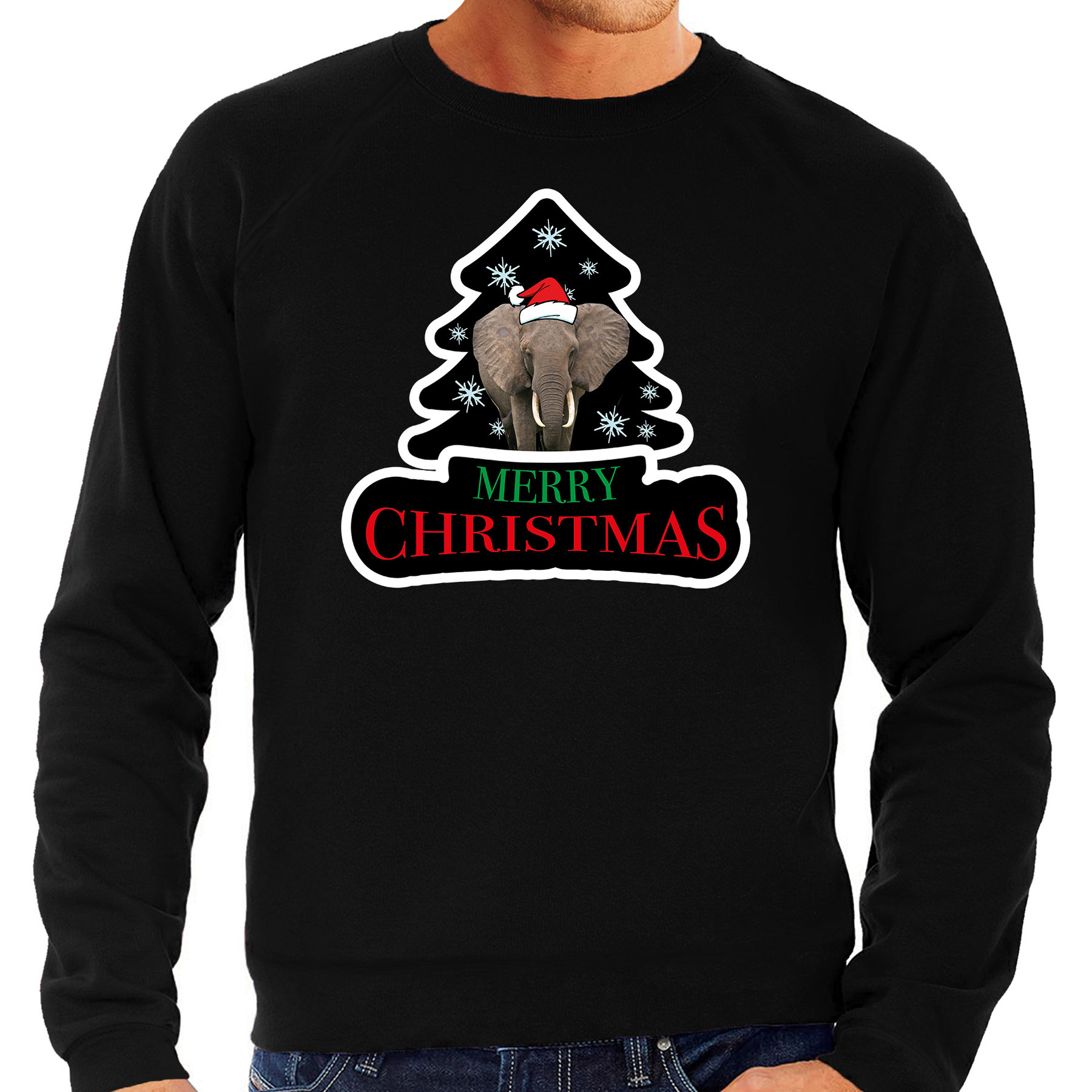 Dieren kersttrui olifant zwart heren Foute olifanten kerstsweater