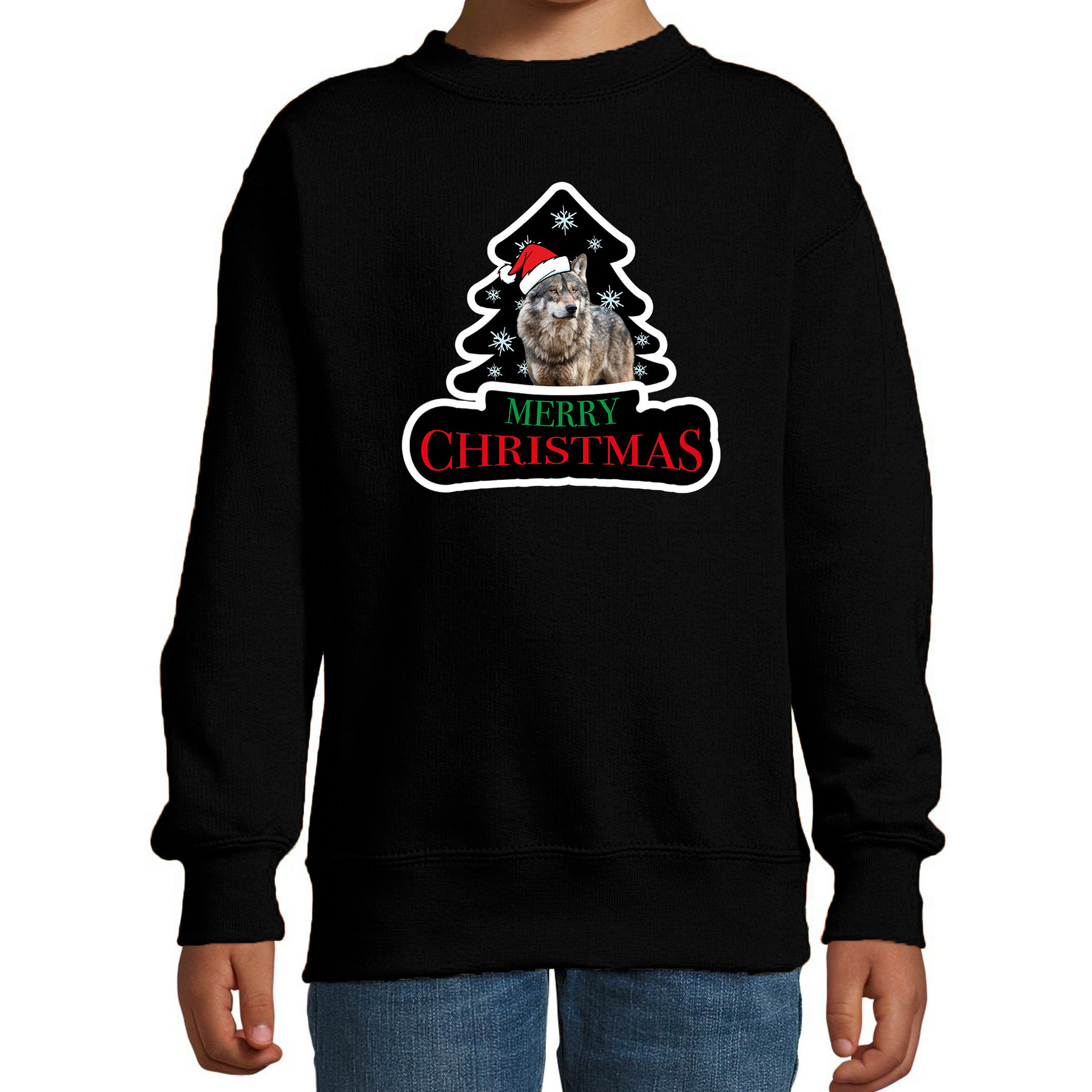 Dieren kersttrui wolf zwart kinderen - Foute wolven kerstsweater