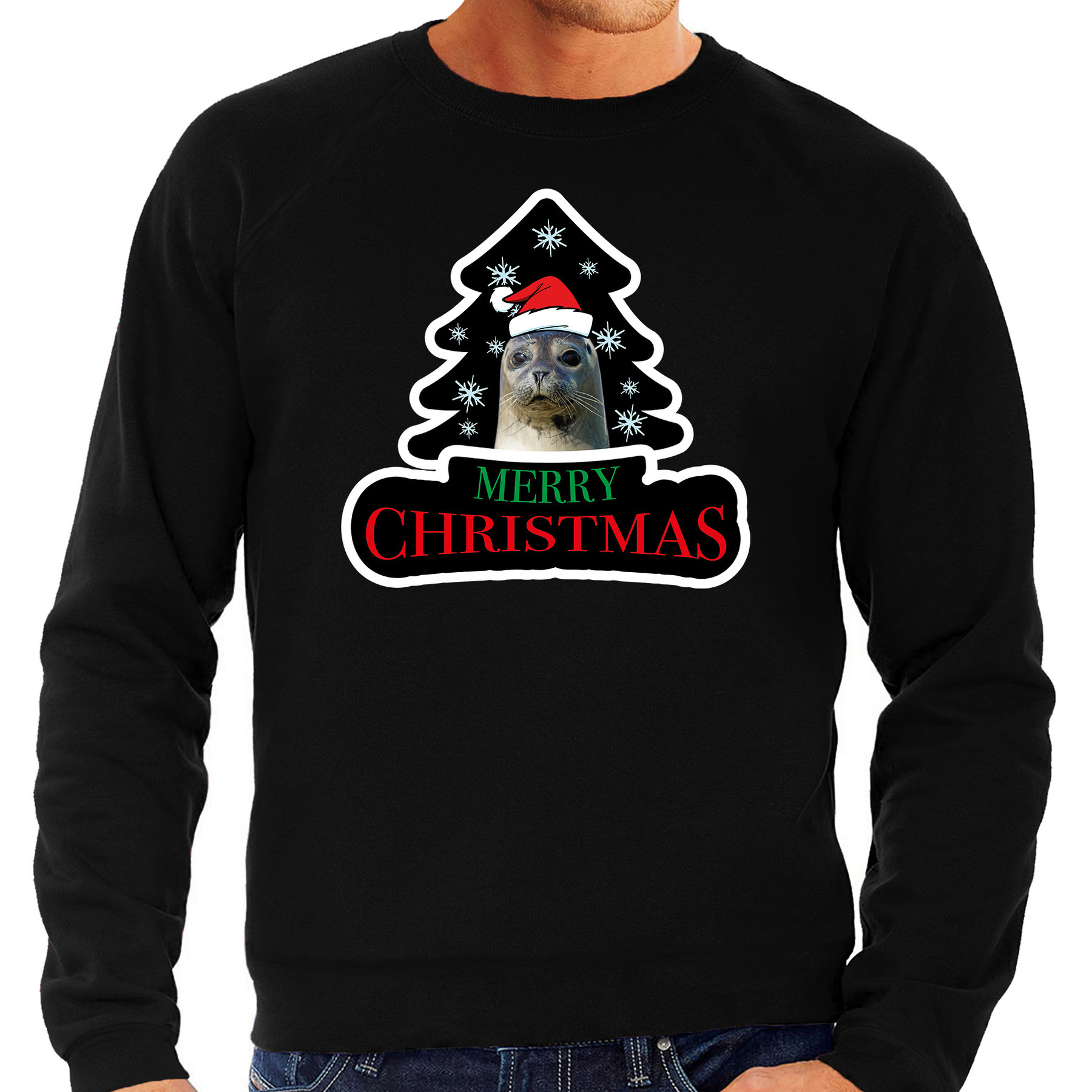Dieren kersttrui zeehond zwart heren Foute zeehonden kerstsweater