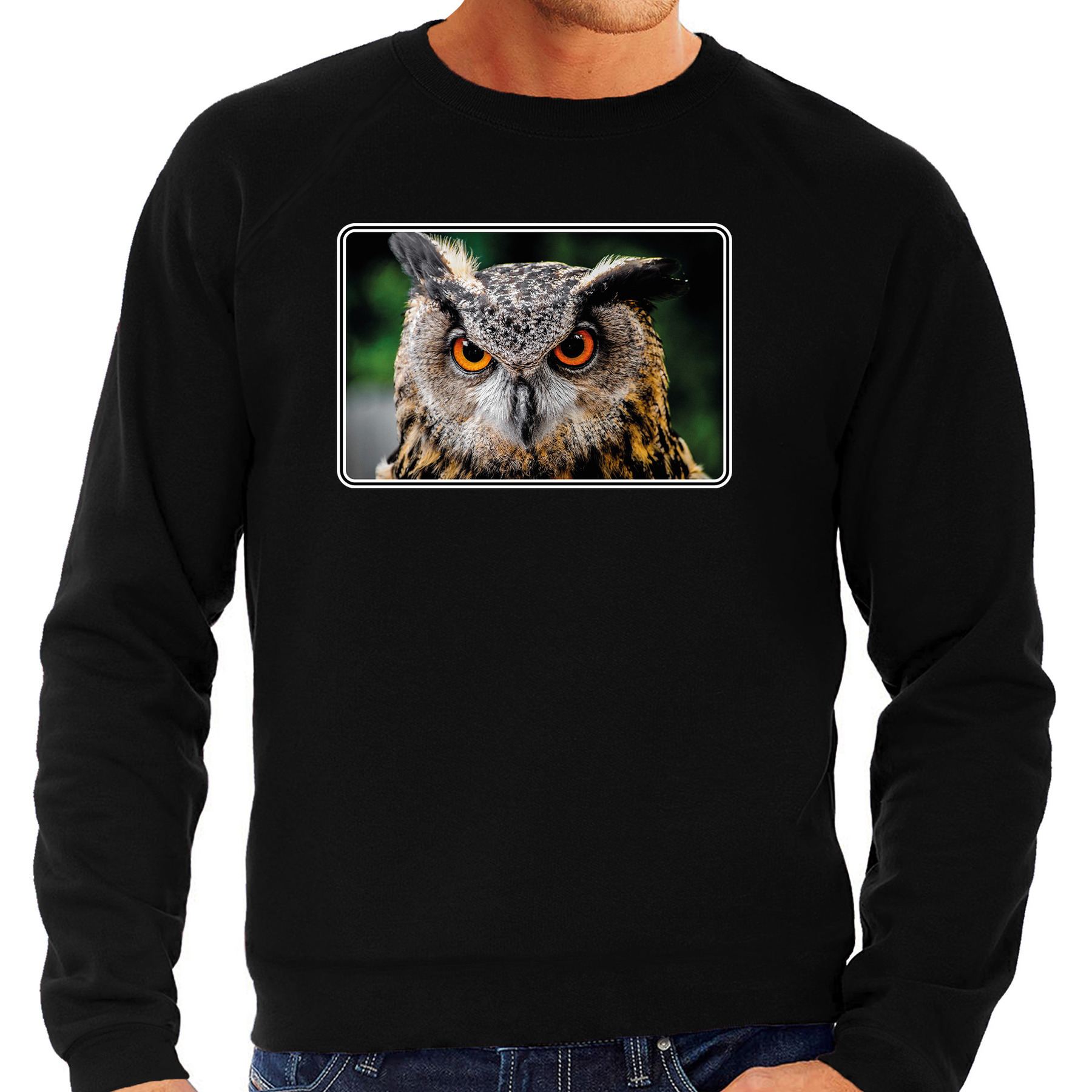 Dieren sweater-trui met uilen foto zwart voor heren