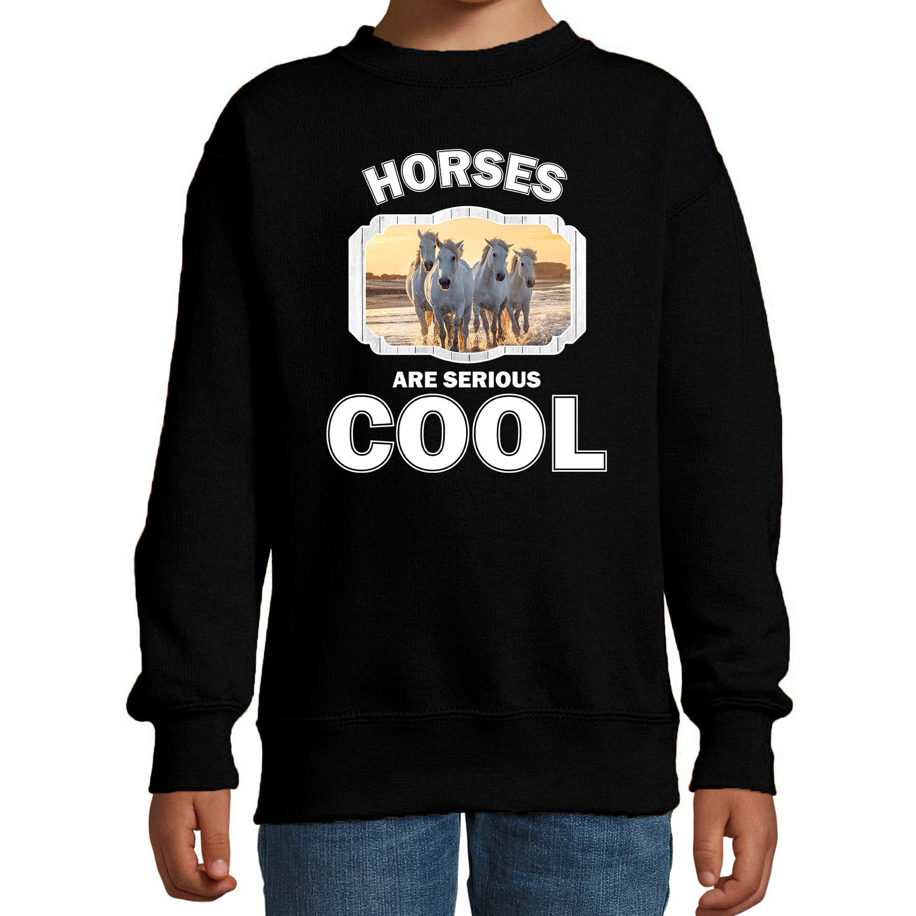 Dieren witte paarden sweater zwart kinderen - horses are cool trui jongens en meisjes