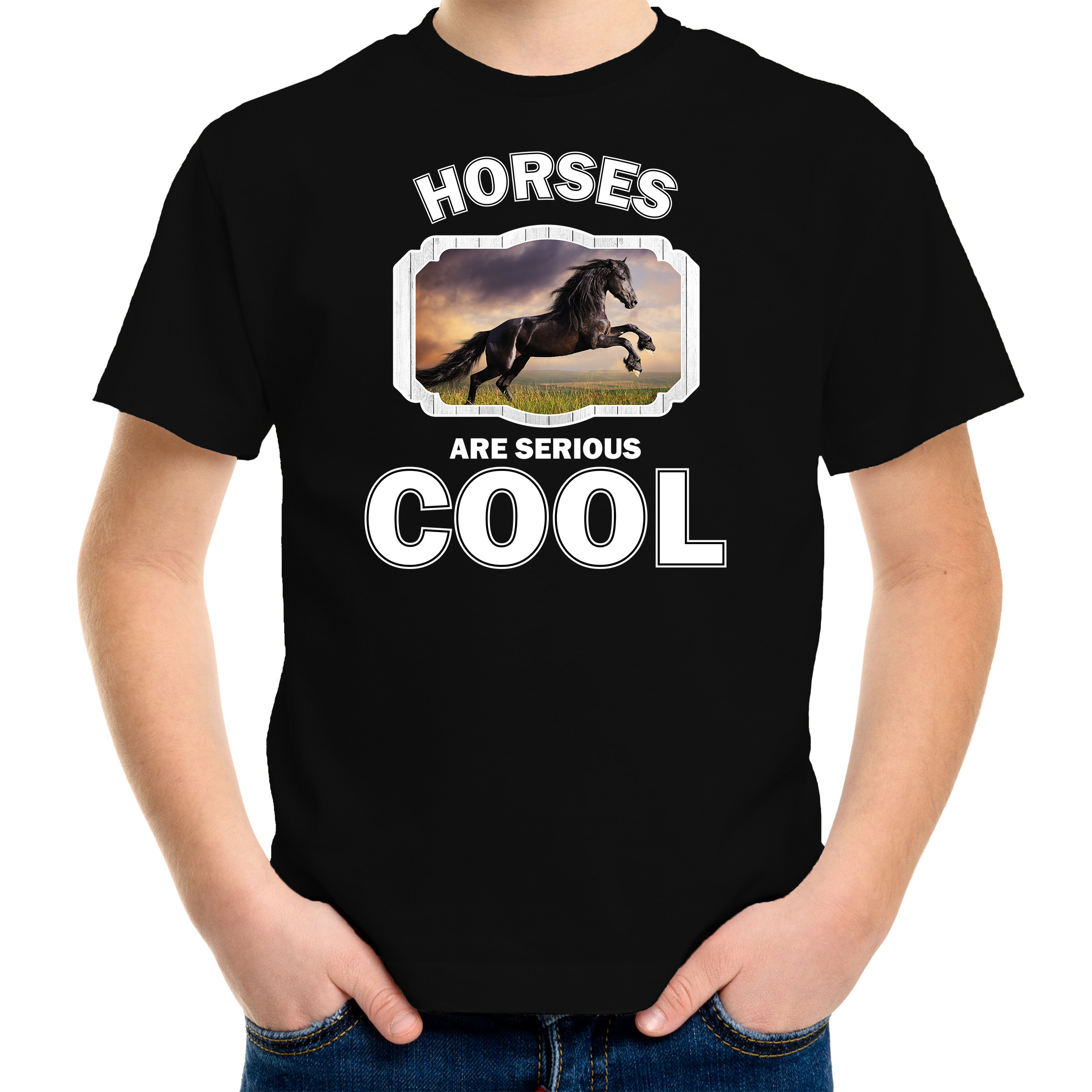 Dieren zwart paard t-shirt zwart kinderen - horses are cool shirt jongens en meisjes