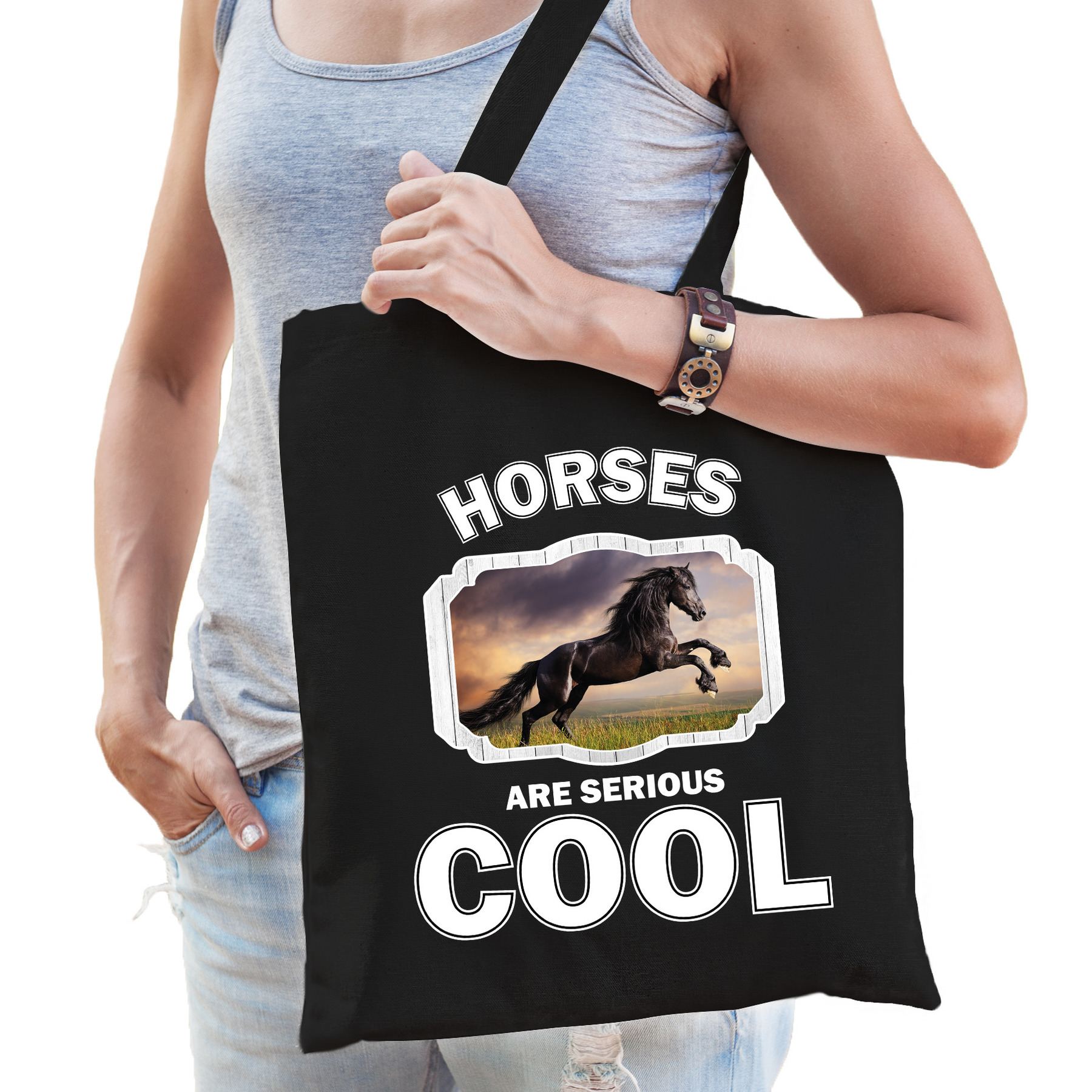 Dieren zwart paard tasje zwart volwassenen en kinderen - horses are cool cadeau boodschappentasje