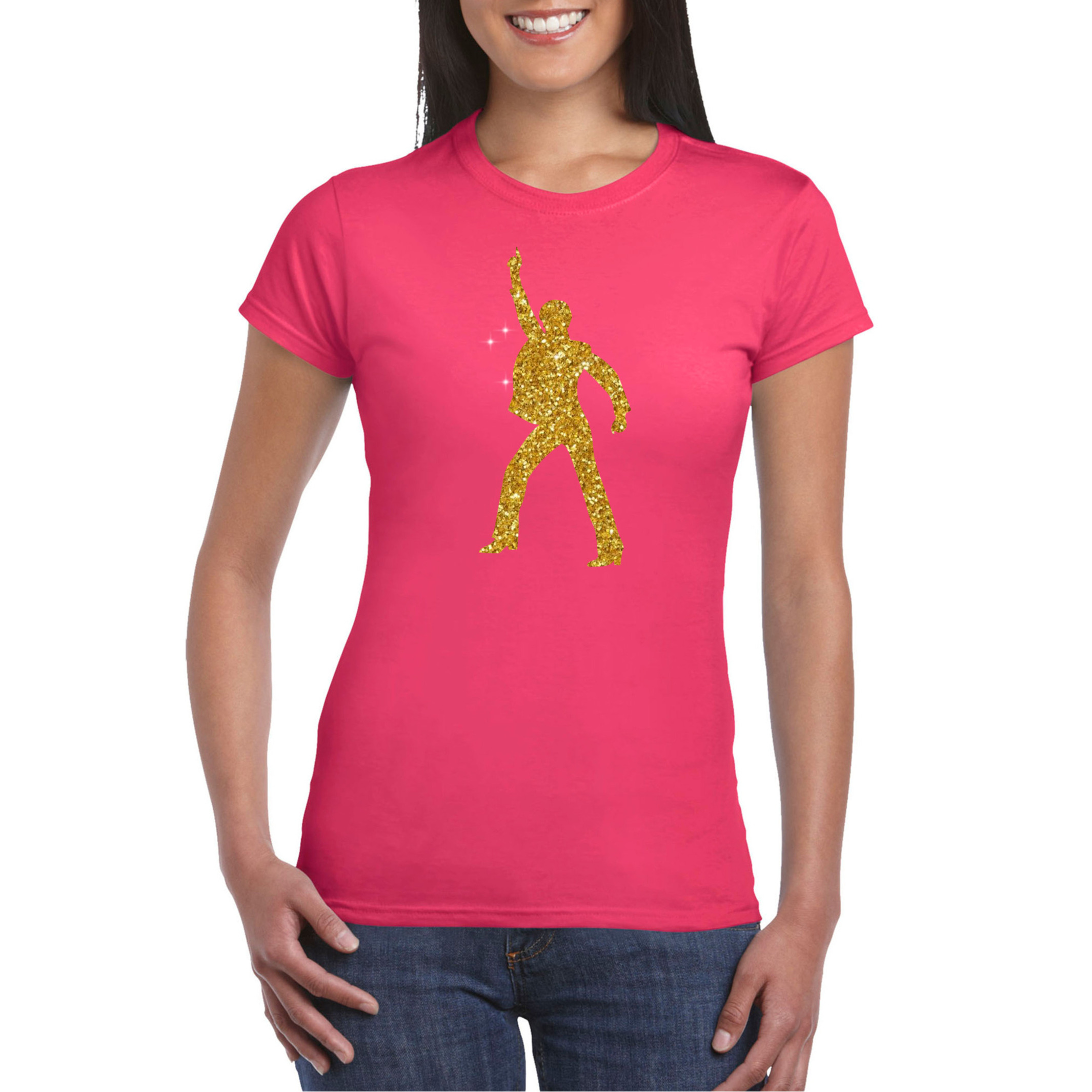 Disco verkleed t-shirt voor dames roze gouden glitter jaren 70-80