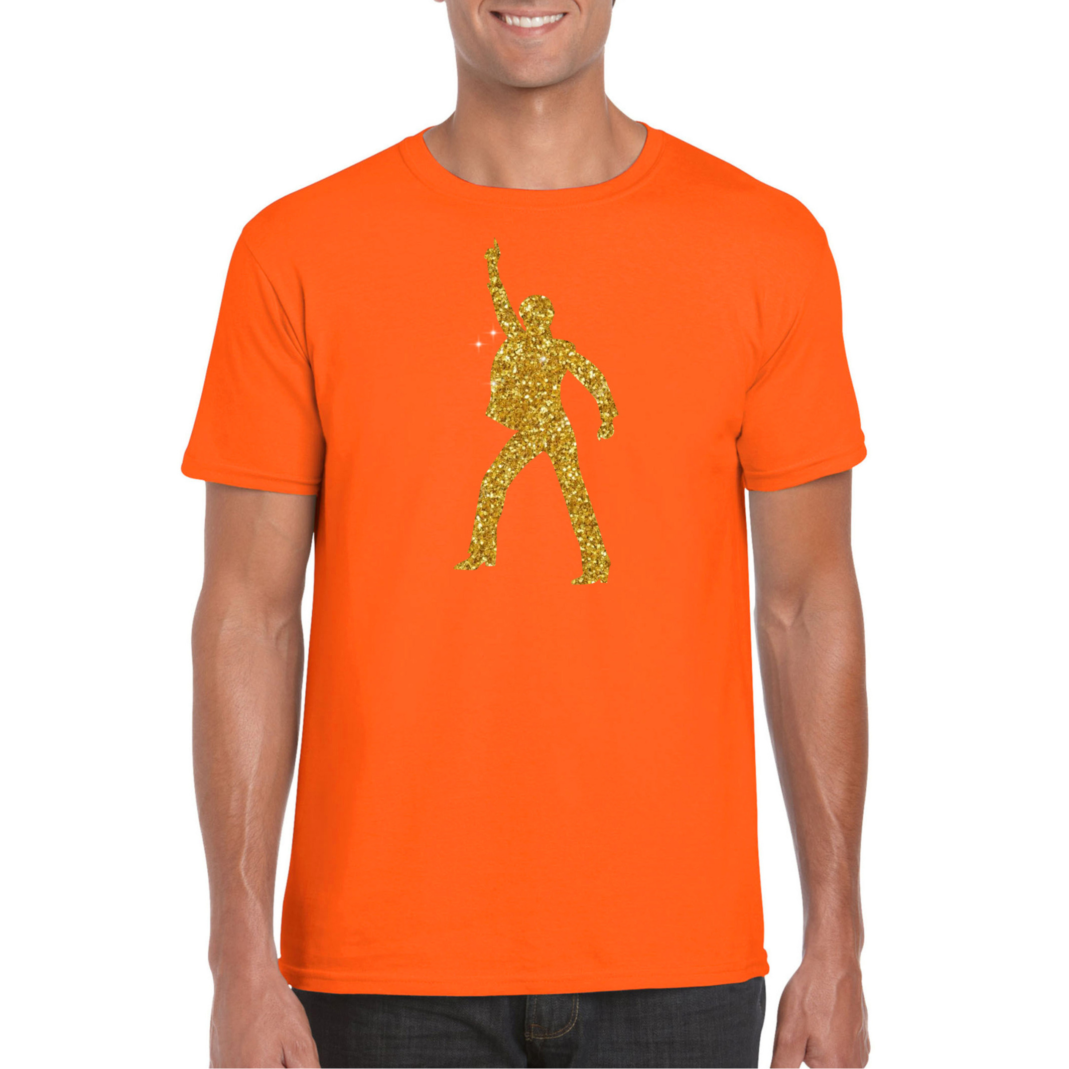 Disco verkleed t-shirt voor heren oranje gouden glitter jaren 70-80