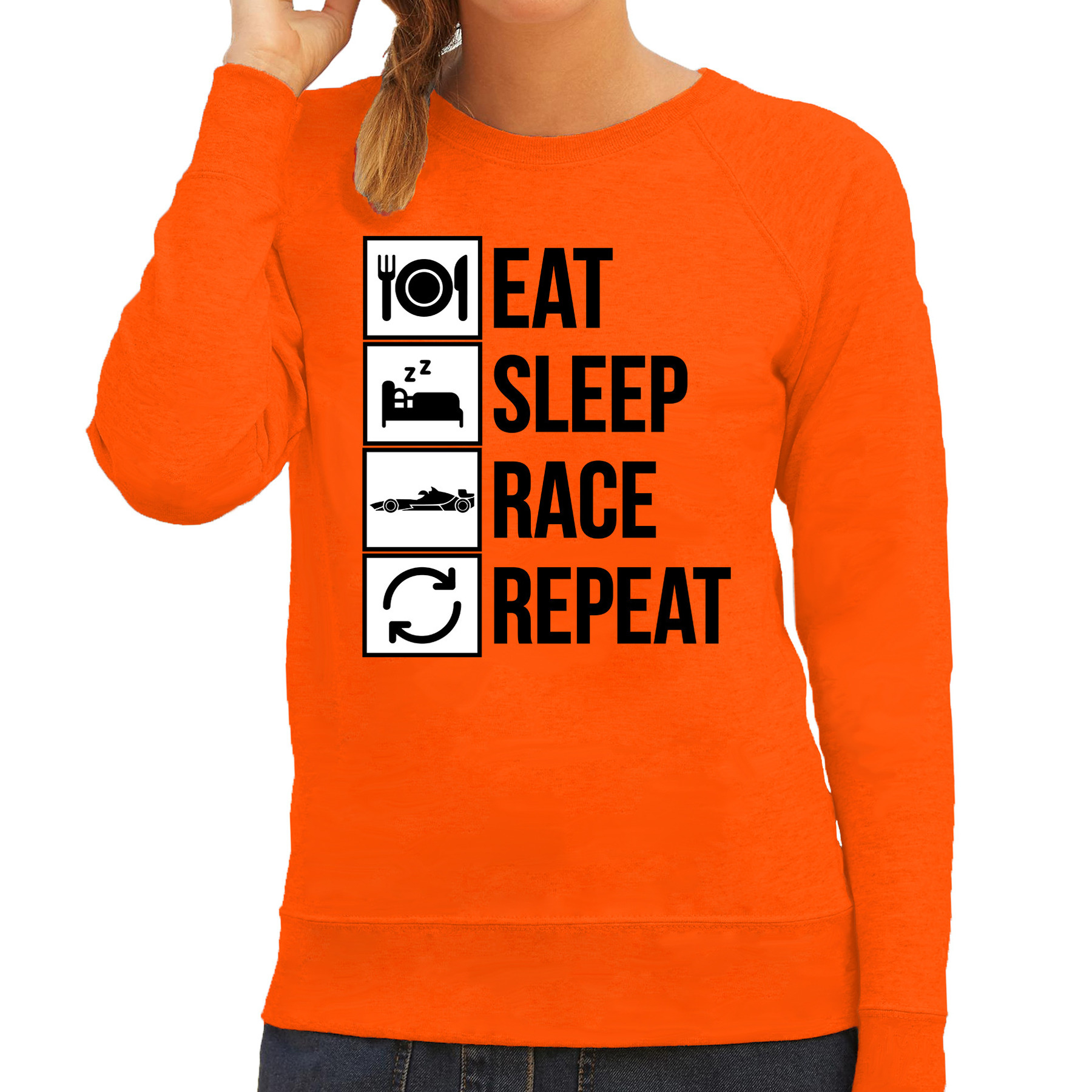 Eat sleep race repeat supporter - race fan sweater oranje voor dames
