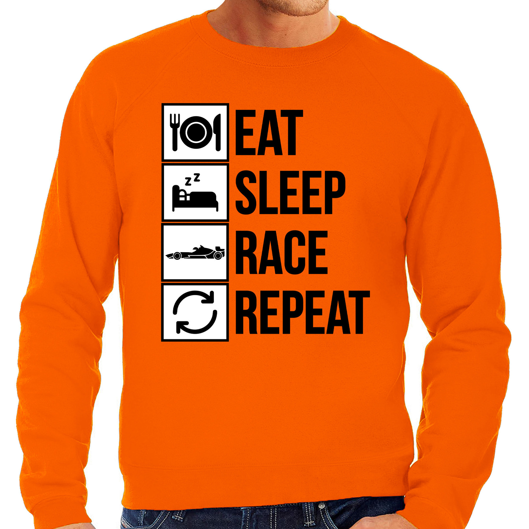 Eat sleep race repeat supporter - race fan sweater oranje voor heren