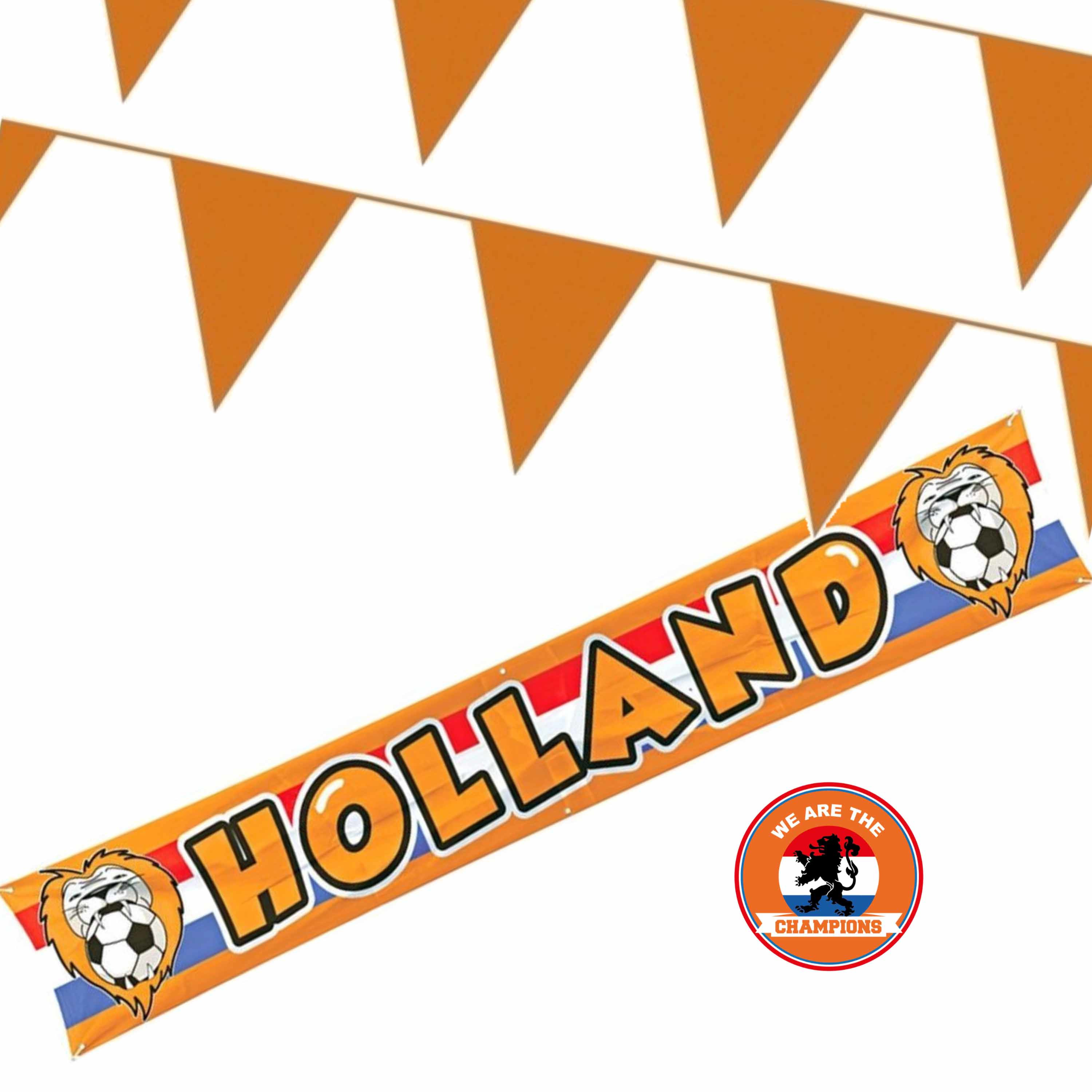 Ek oranje straat- huis versiering pakket met oa 1x banner Holland en 200 meter oranje vlaggenlijnen