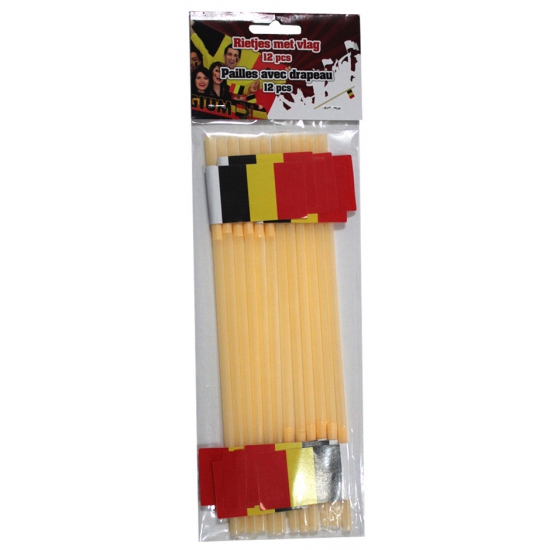 Feestartikelen gele rietjes met Belgische vlag 12 stuks