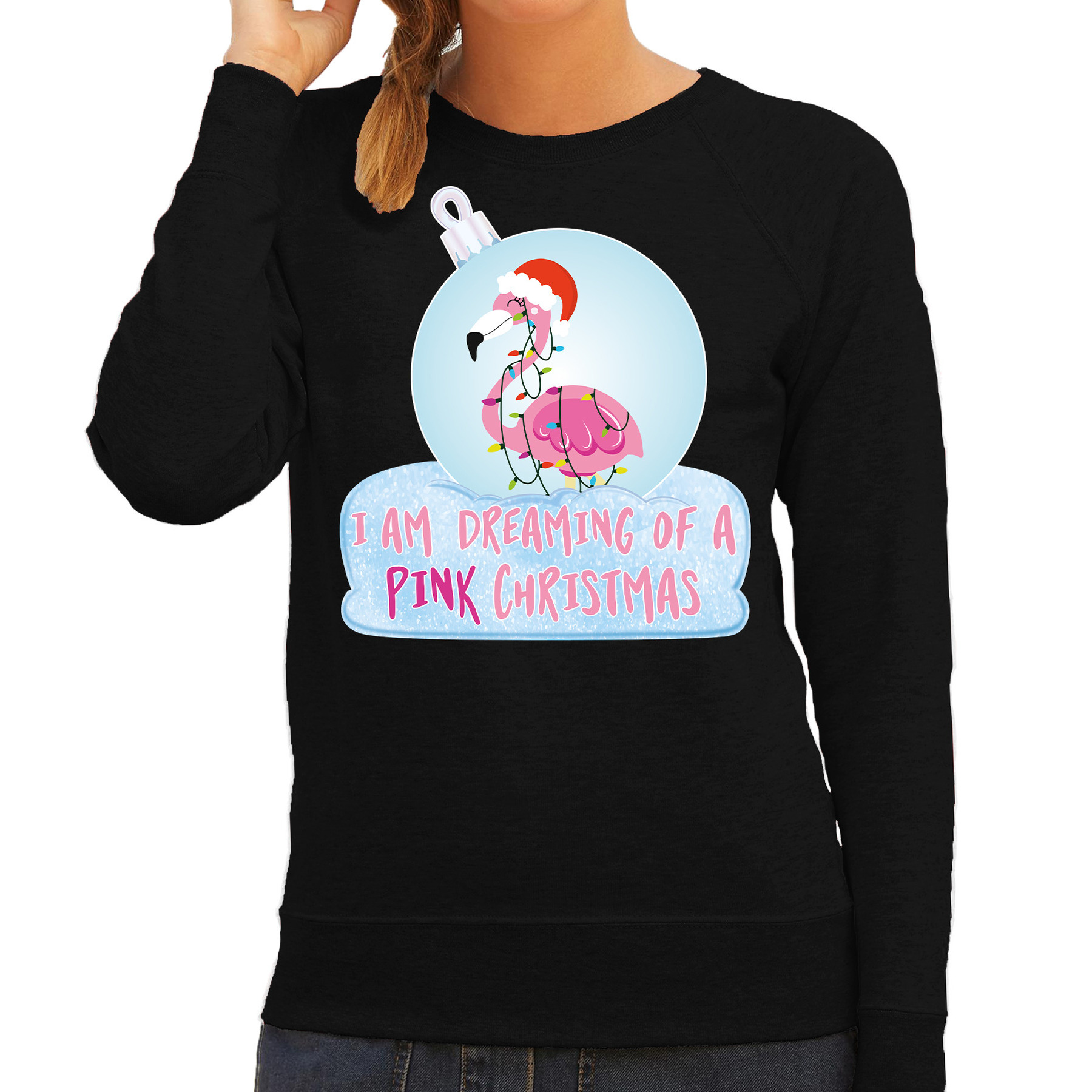 Flamingo Kerstbal sweater-Kerst outfit I am dreaming of a pink Christmas zwart voor dames