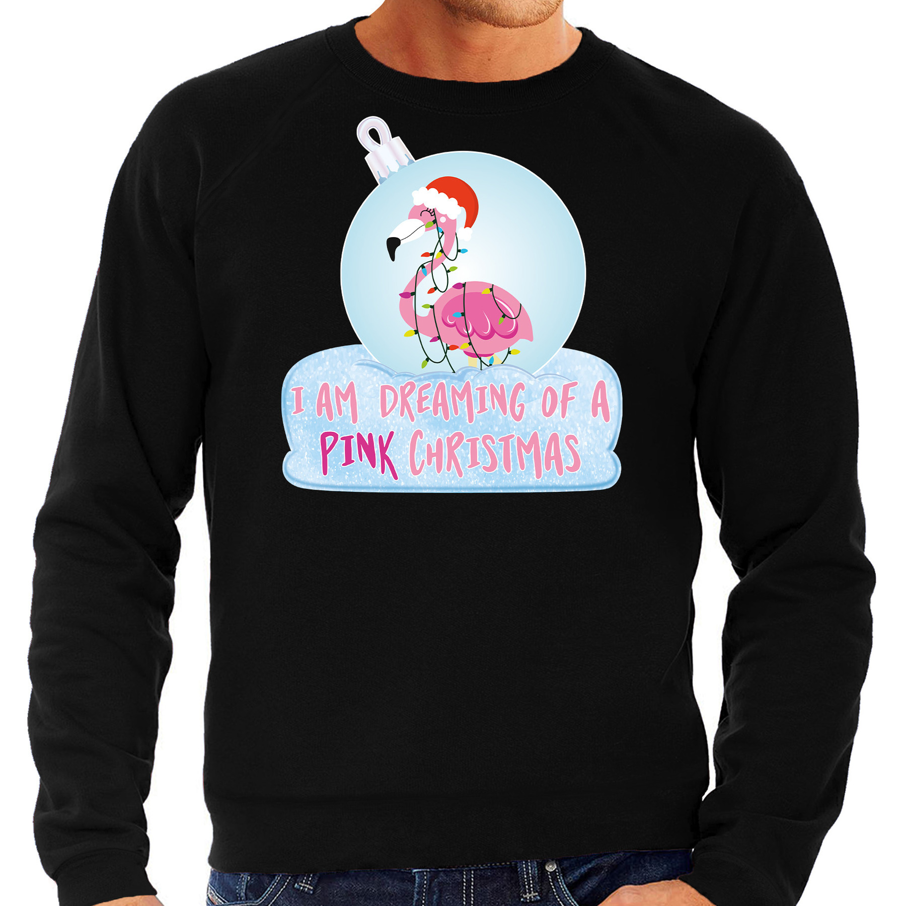 Flamingo Kerstbal sweater-Kerst outfit I am dreaming of a pink Christmas zwart voor heren