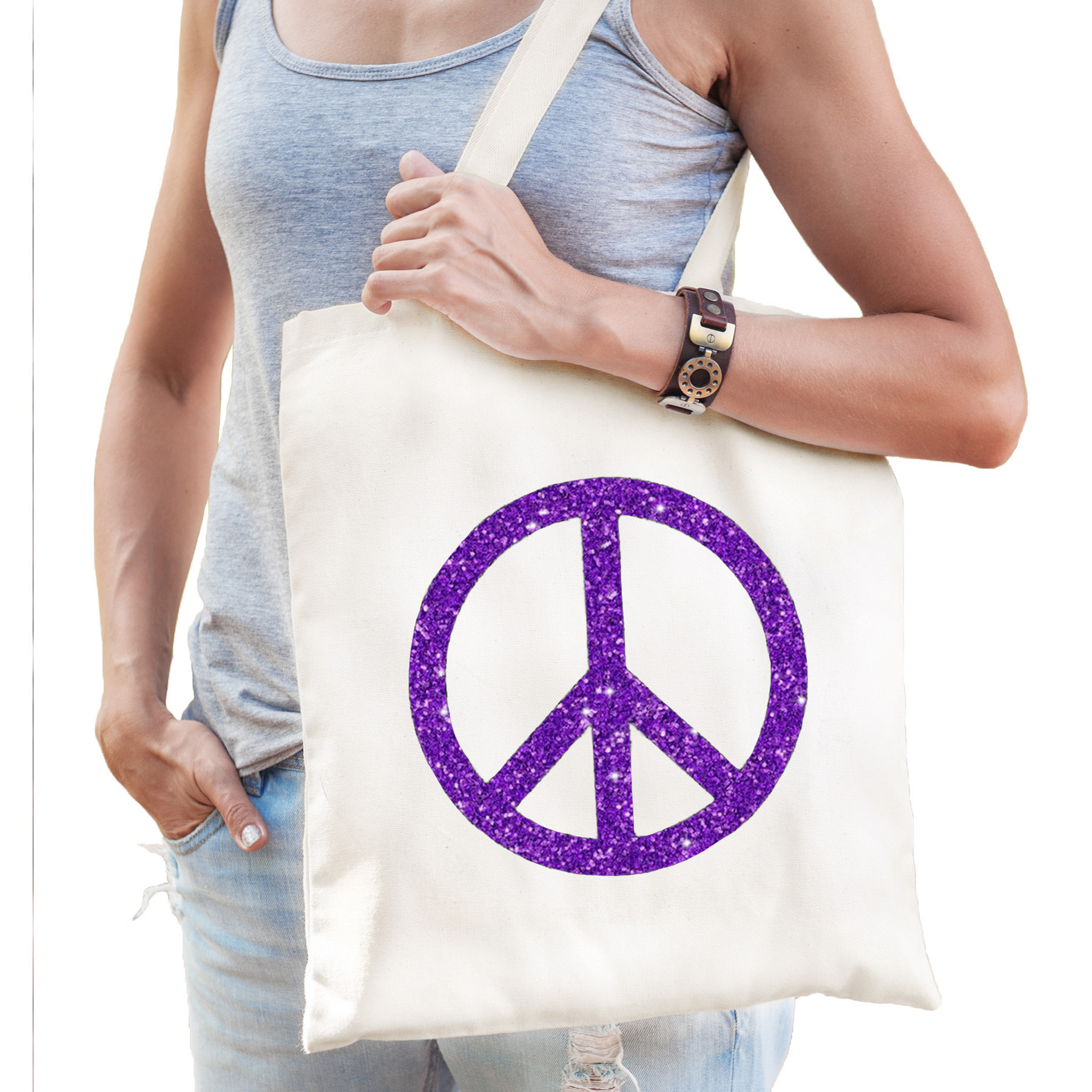 Flower Power katoenen tas met peace teken wit met paarse glitters voor volwassenen